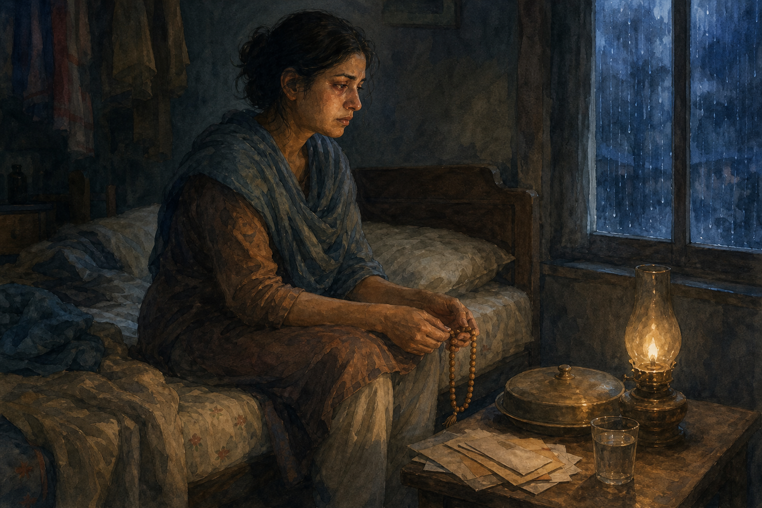 A tired adult sits on an unmade bed holding wooden prayer beads beside a meal tray, water glass, and unopened envelopes.
