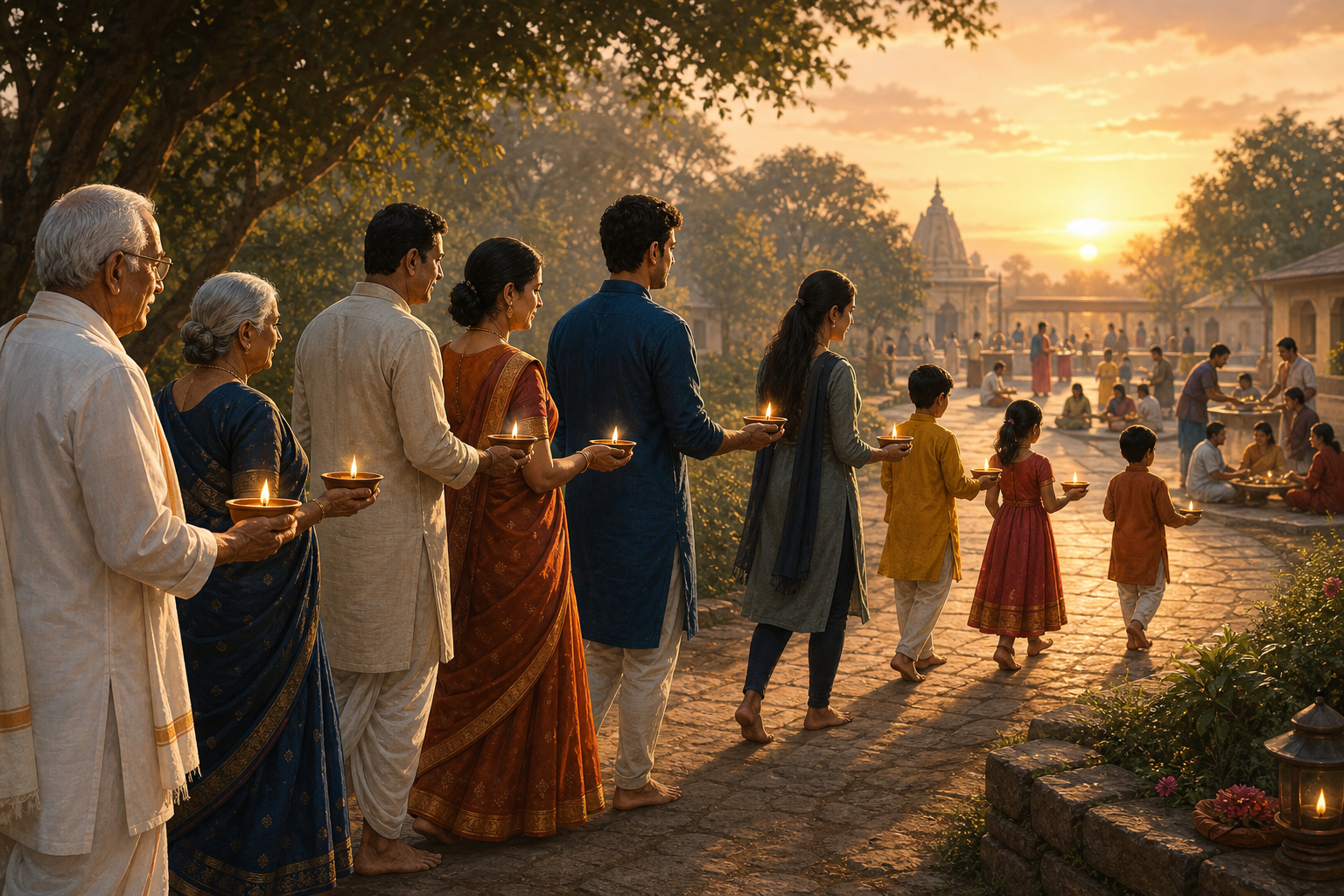 Several generations of an Indian Hindu community carry clay lamps along a sunrise path toward a tree-filled community courtyard.
