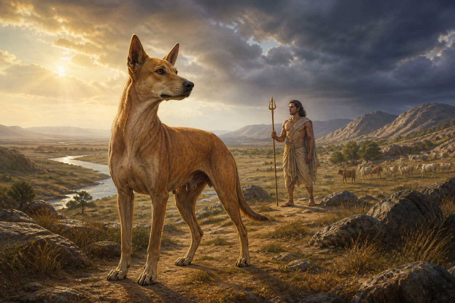 A tawny female hound stands alert in a rocky river valley, with an ancient divine warrior, distant cattle, and storm clouds behind her.