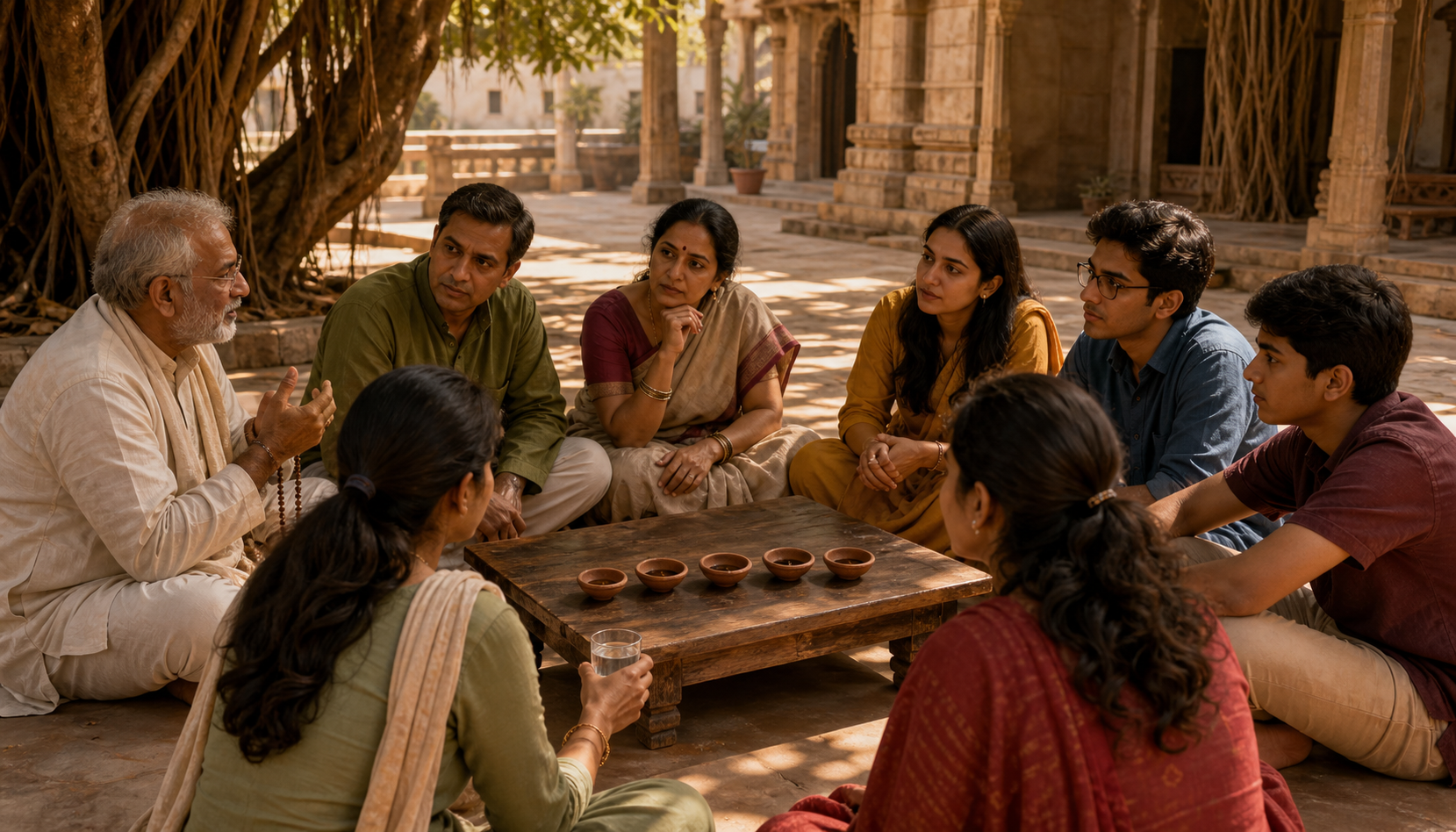 An older woman teaches younger family members to prepare and portion meals in a temple community kitchen while a child copies their actions.