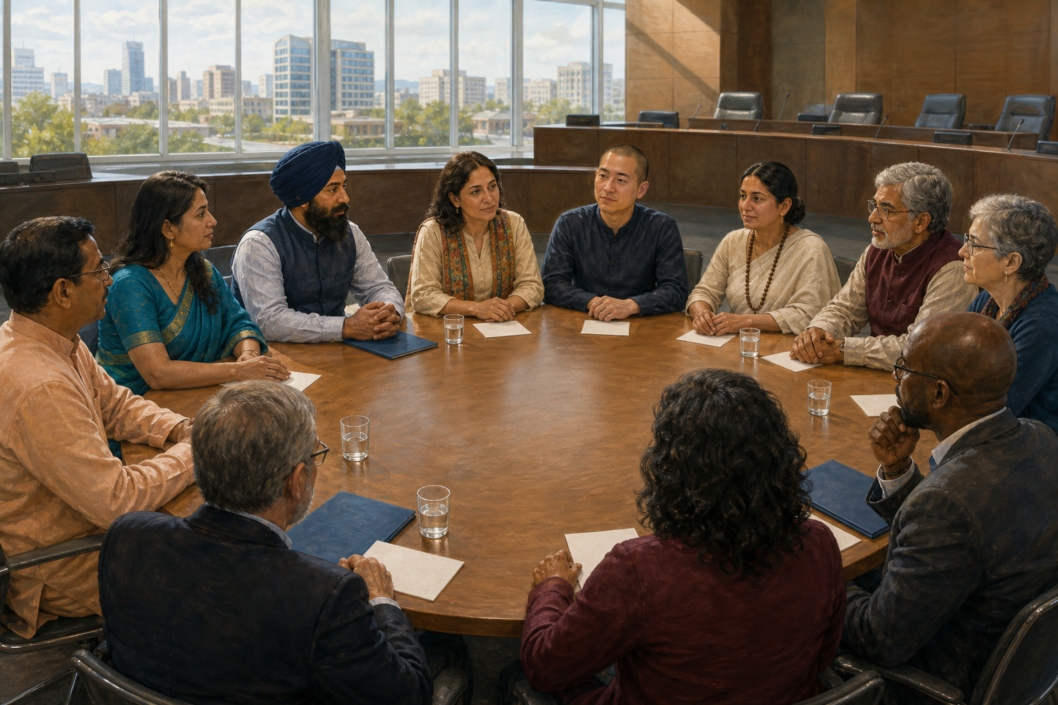 Dharmic community representatives and other residents take part in a roundtable discussion inside a modern municipal hall.
