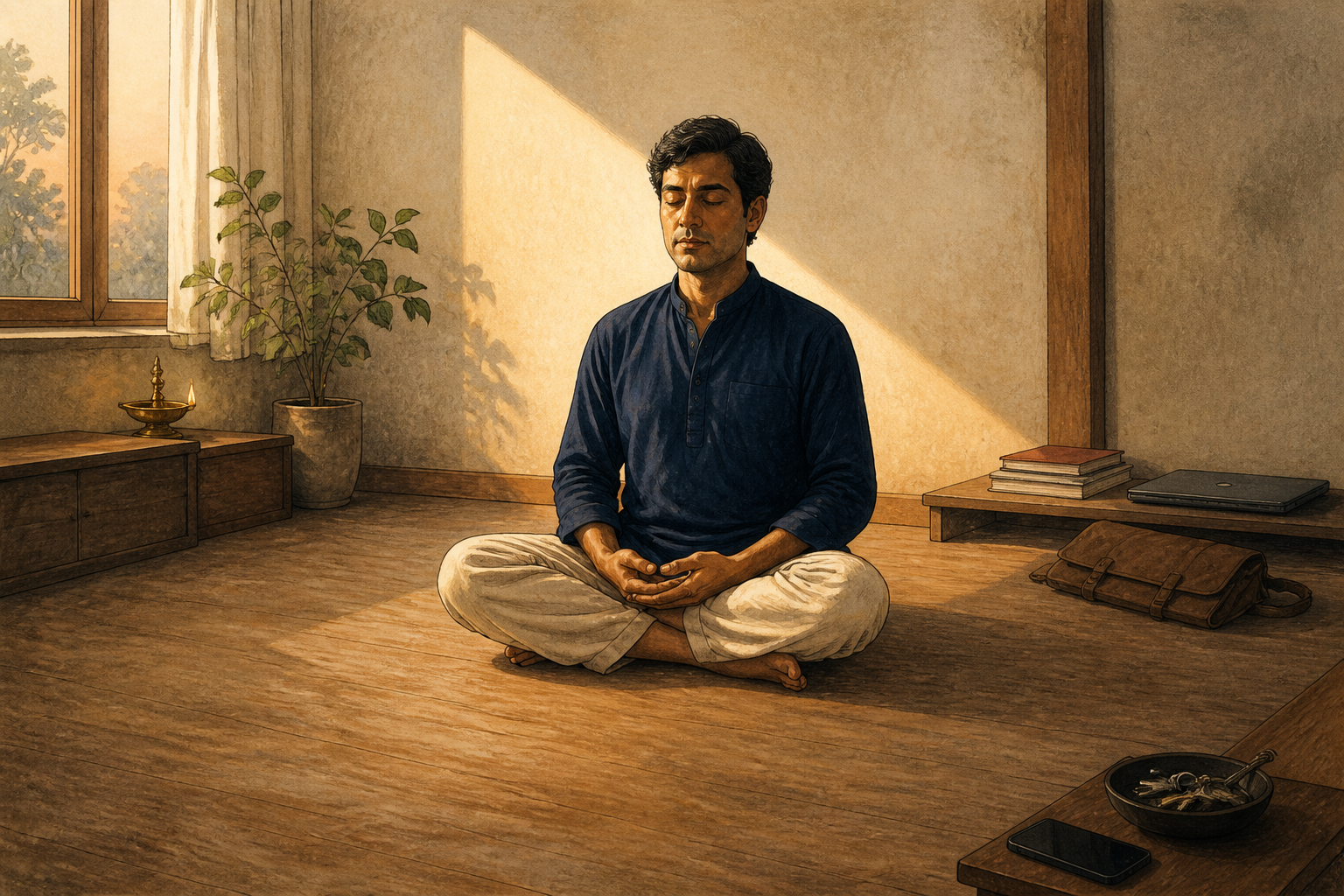 An adult meditates in a quiet dawn-lit study surrounded by a closed laptop, notebooks, a phone, a work bag, and a small brass lamp.