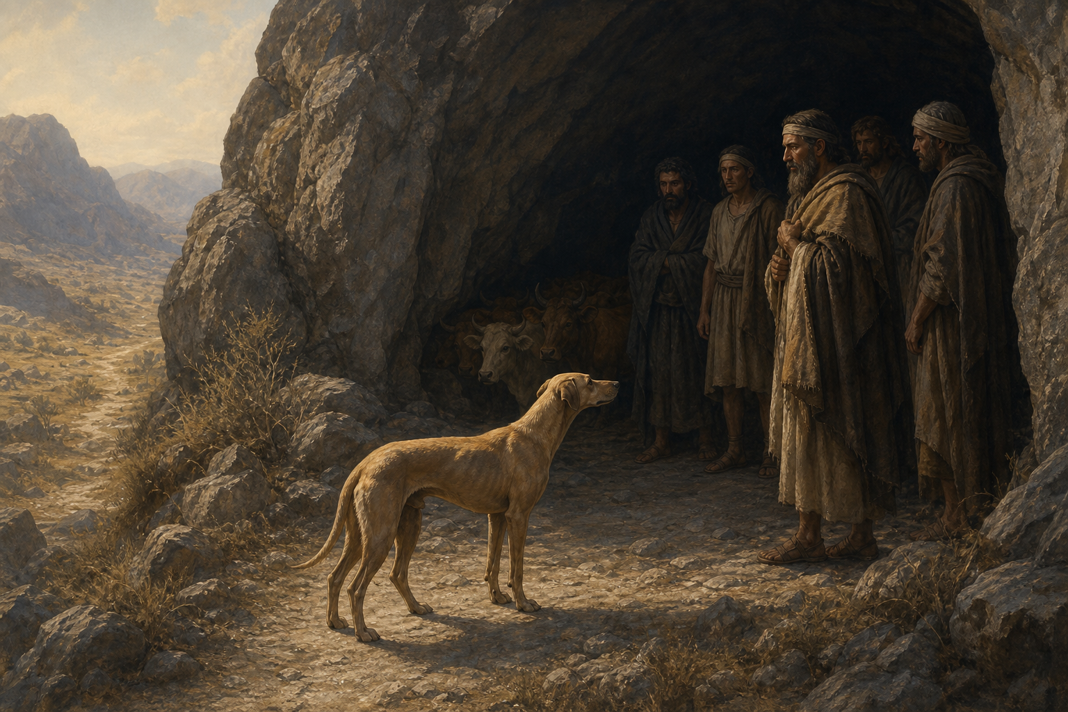 An alert female hound stands beside a misty river at dawn with animal tracks continuing into the distance.