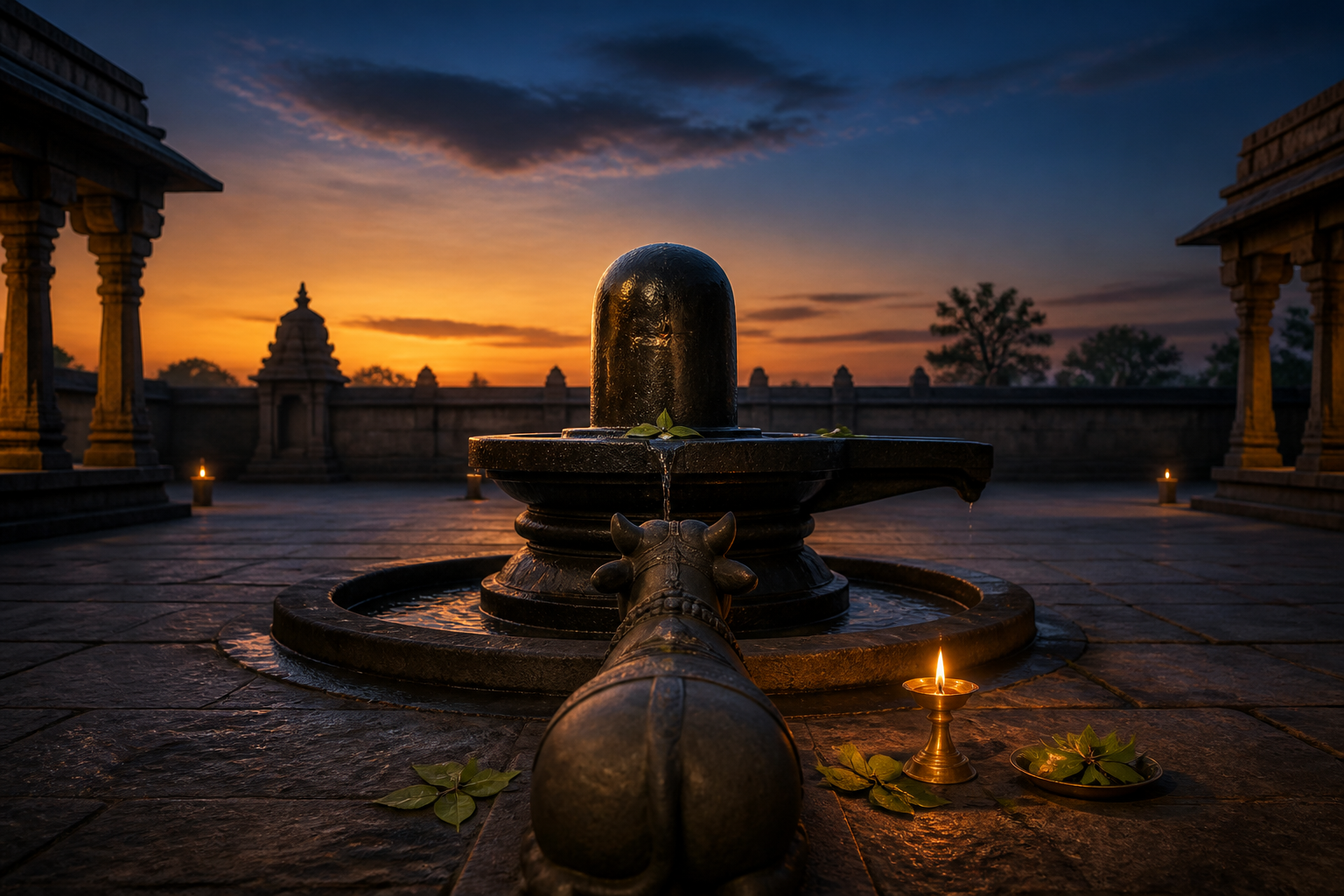 Nandi faces a water-anointed stone Shivling in a quiet temple courtyard at twilight, with a brass lamp and bilva leaves nearby.