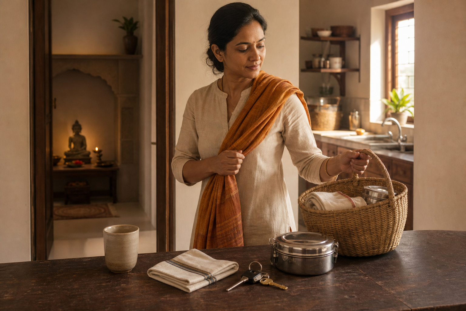 An adult moves from a quiet home shrine alcove into a sunlit kitchen and reaches for a basket of everyday household items.