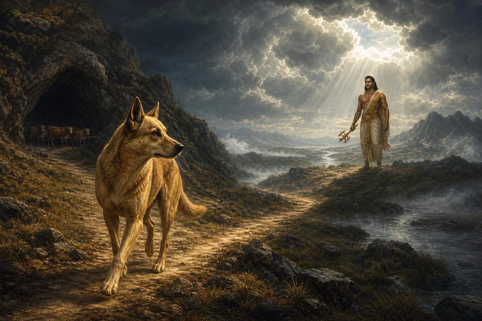 A celestial female hound approaches Indra across a rugged landscape beneath a storm-lit sky, with a distant cattle cavern behind her.
