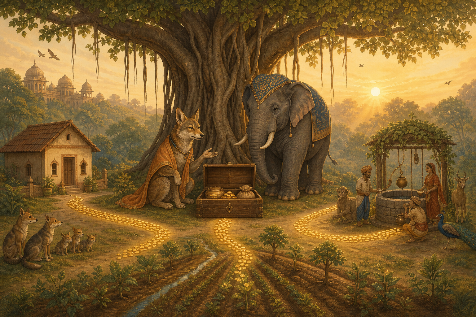 A jackal and elephant beside a treasury as coins, grain, and seeds support a home, farmland, saplings, and a village well beneath a banyan tree.