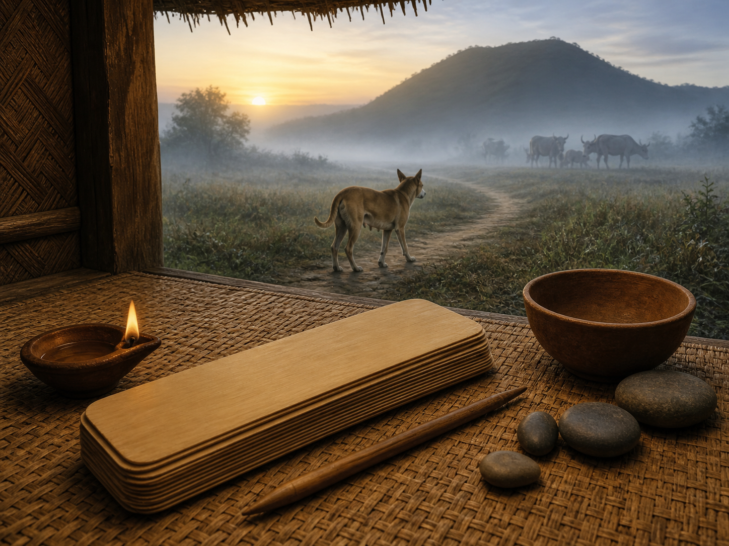 An uninscribed palm-leaf manuscript and oil lamp rest on a woven mat while a hound follows a distant path outside.