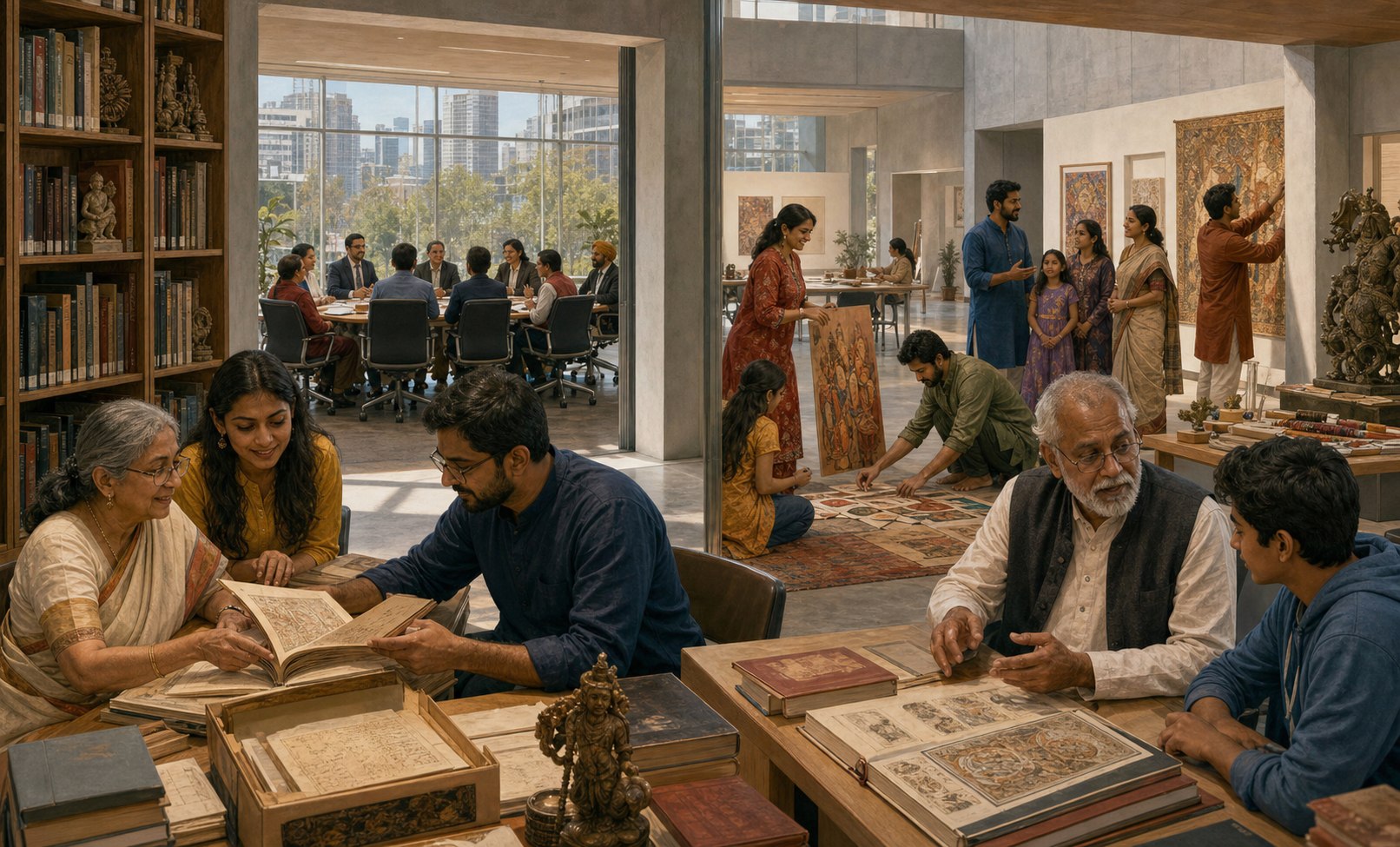 Researchers, cultural organizers, families, and civic delegates work in connected library, gallery, and council spaces.