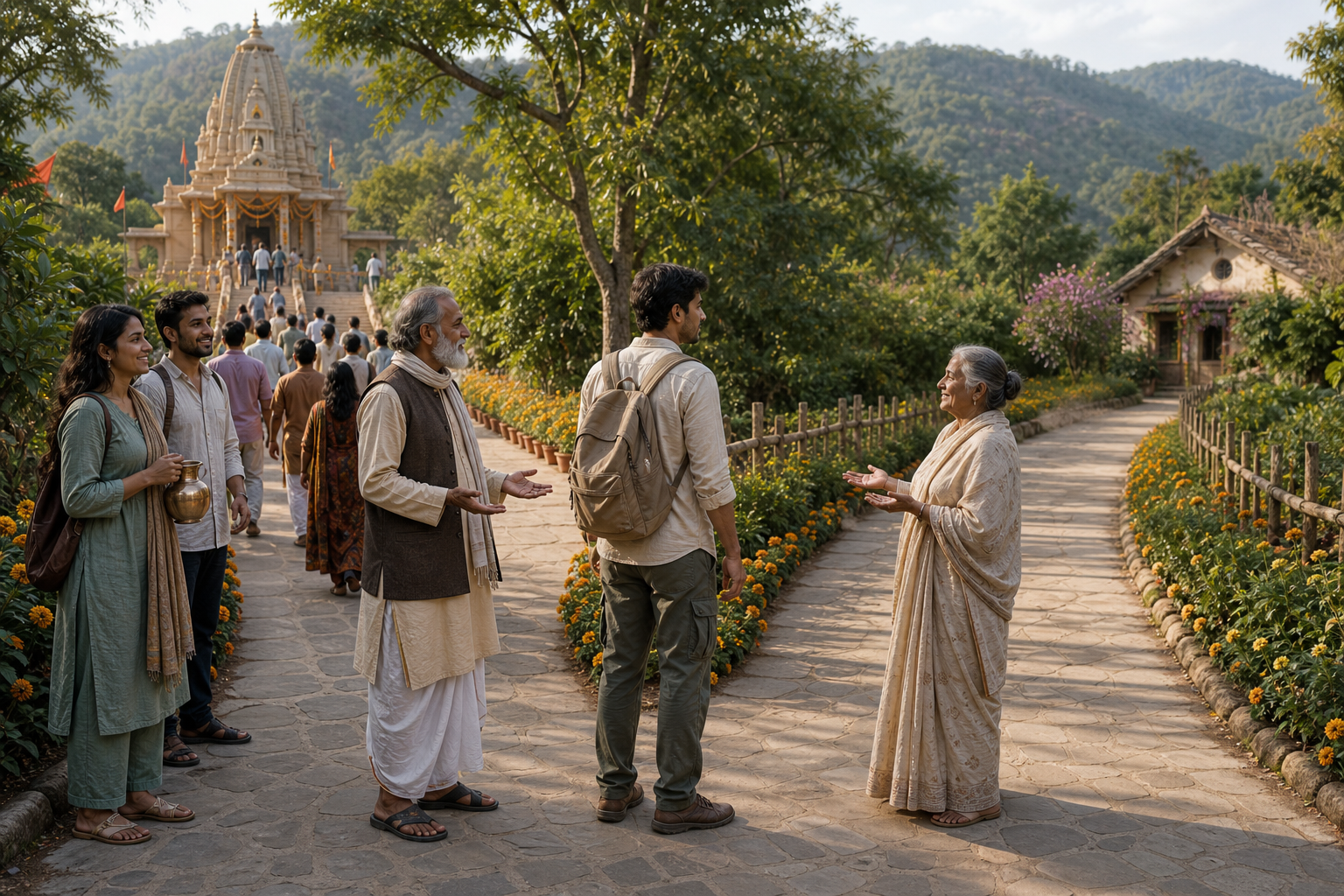 A young adult steps away from a temple procession along an open side path while elders and friends respond with welcoming, unrestrictive gestures.