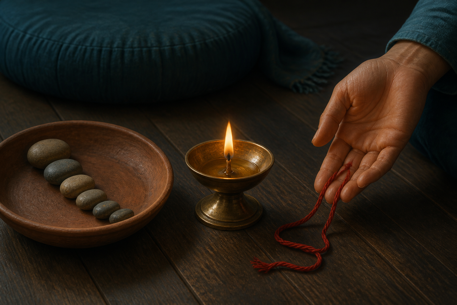 A steady oil lamp stands between river stones arranged in a path and an open hand releasing a loop of red thread.