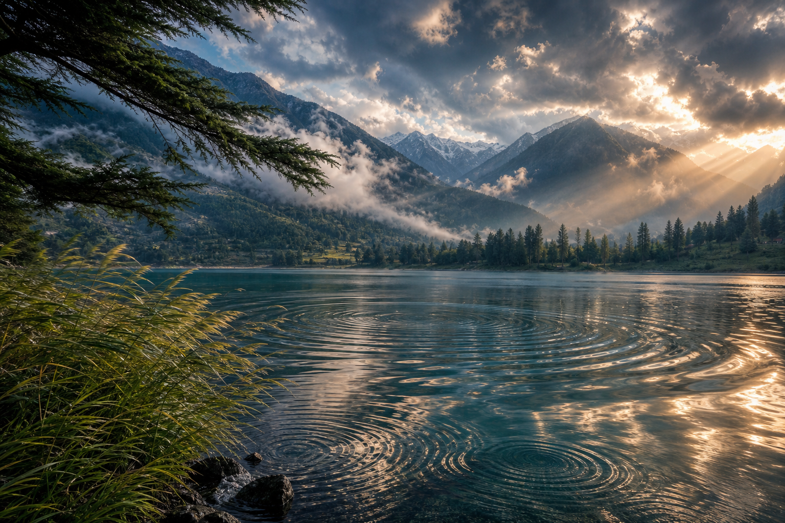 Ripples cross a mountain lake as wind moves grasses, cedar branches, clouds, and sunlight through a Kashmir valley.