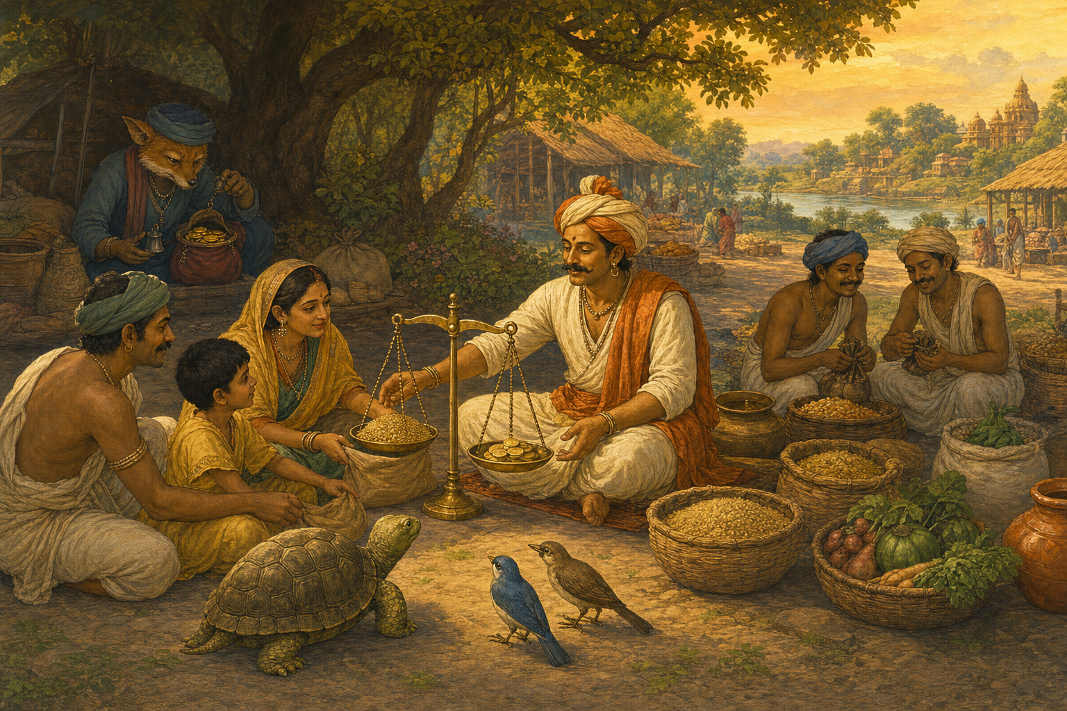 An honest merchant weighs grain fairly for a family while workers receive shares, as a trader in the background conceals a false weight.