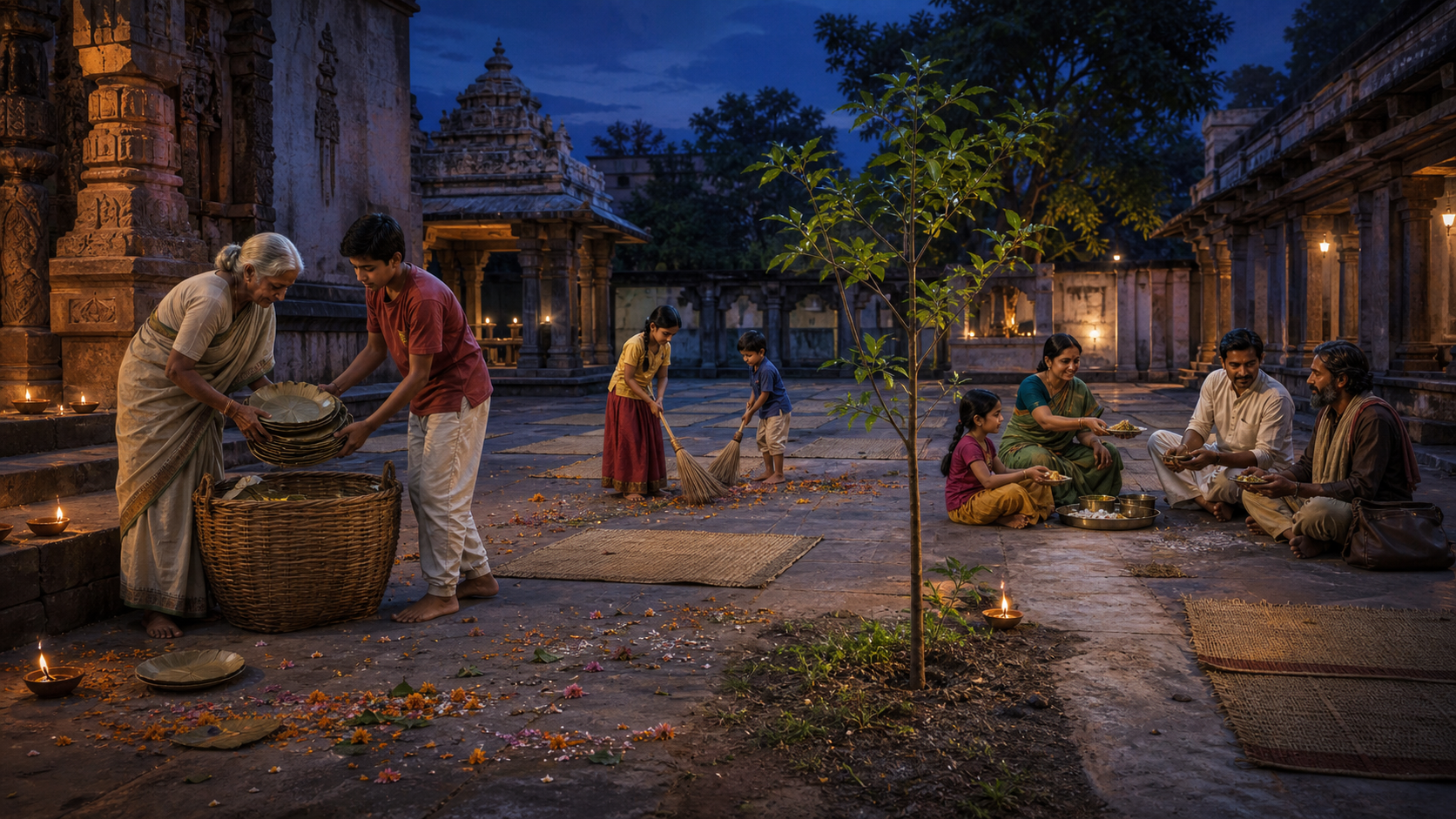 After a community observance, volunteers clean a temple courtyard, children copy their work, a family shares food and a newly planted sapling stands beside the path.