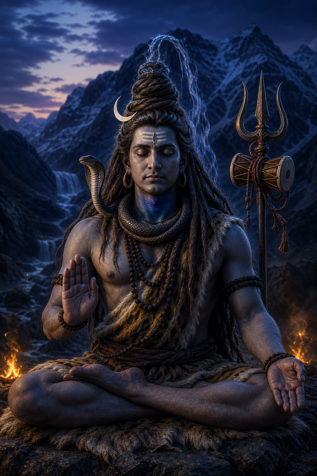 Meditating Shiva at dusk with matted hair, crescent moon, flowing water, cobra, blue throat, sacred ash, trident, and drum.