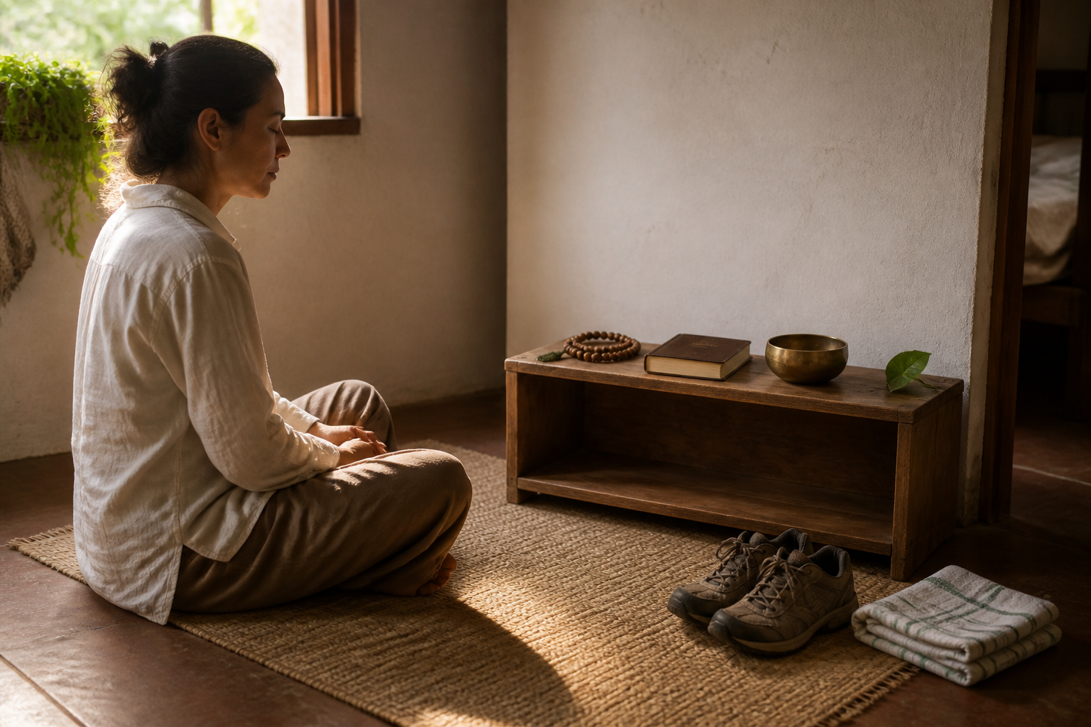A person begins a simple morning practice on a woven mat beside prayer beads, a closed book, a brass bowl, walking shoes, and a folded kitchen cloth.