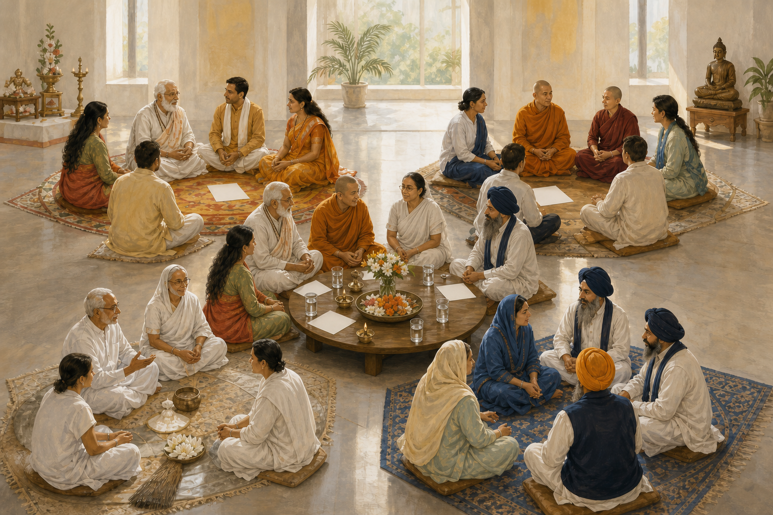 Hindu, Buddhist, Jain, and Sikh participants meet in distinct groups while their delegates gather around a shared central table.
