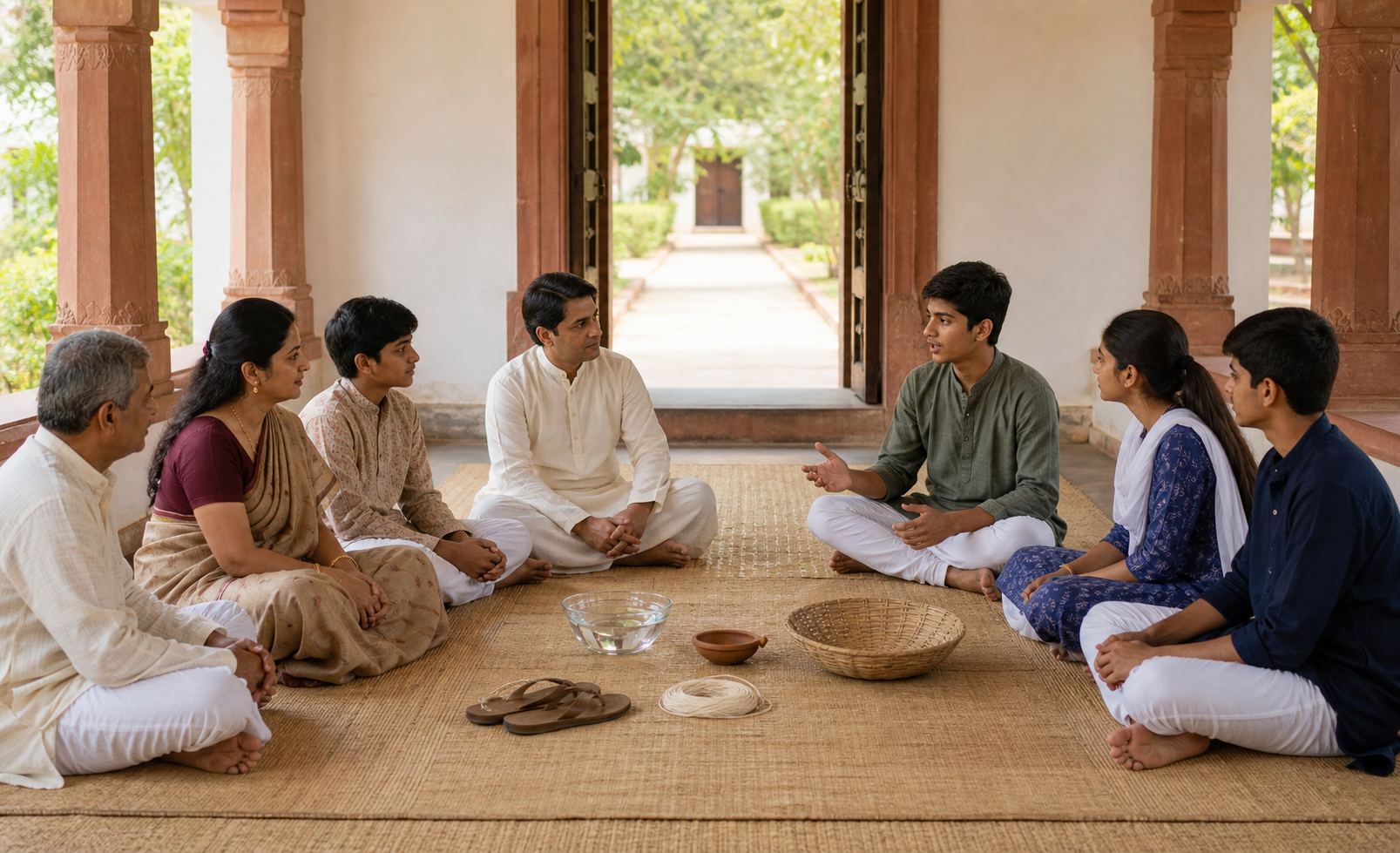 Family members, a temple organizer and young people discuss a community commitment in a circle around five symbolic objects on a shaded veranda.