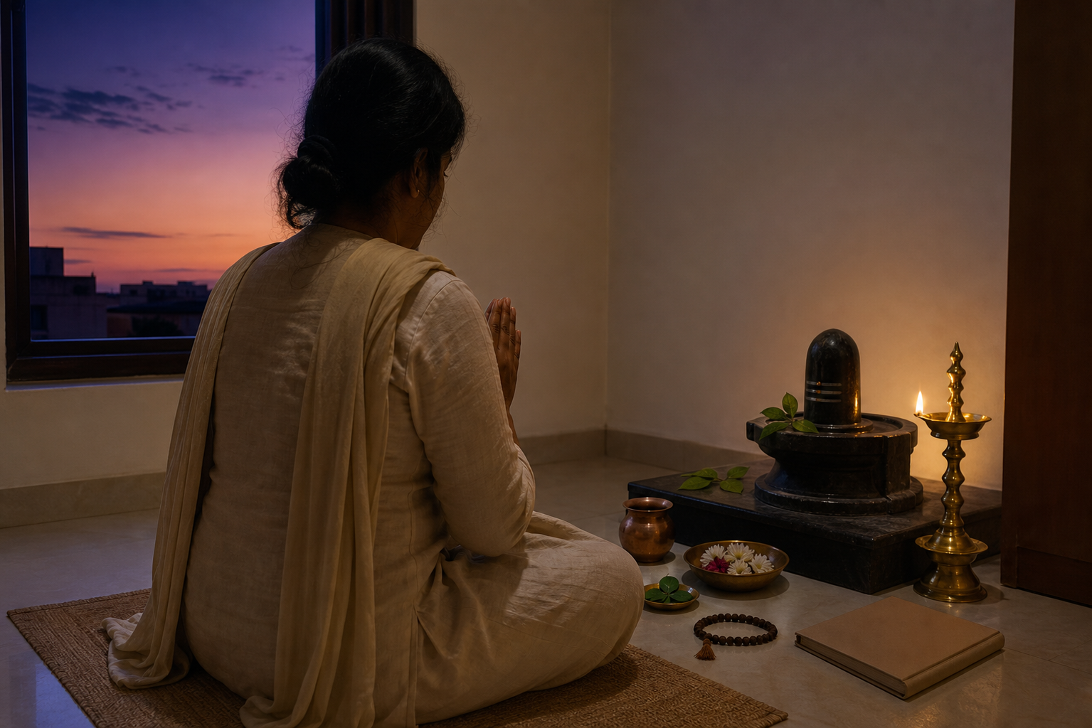 A person sits before a simple home shrine with a Shiva lingam, oil lamp, water vessel, bilva leaves, flowers, and prayer beads at twilight.