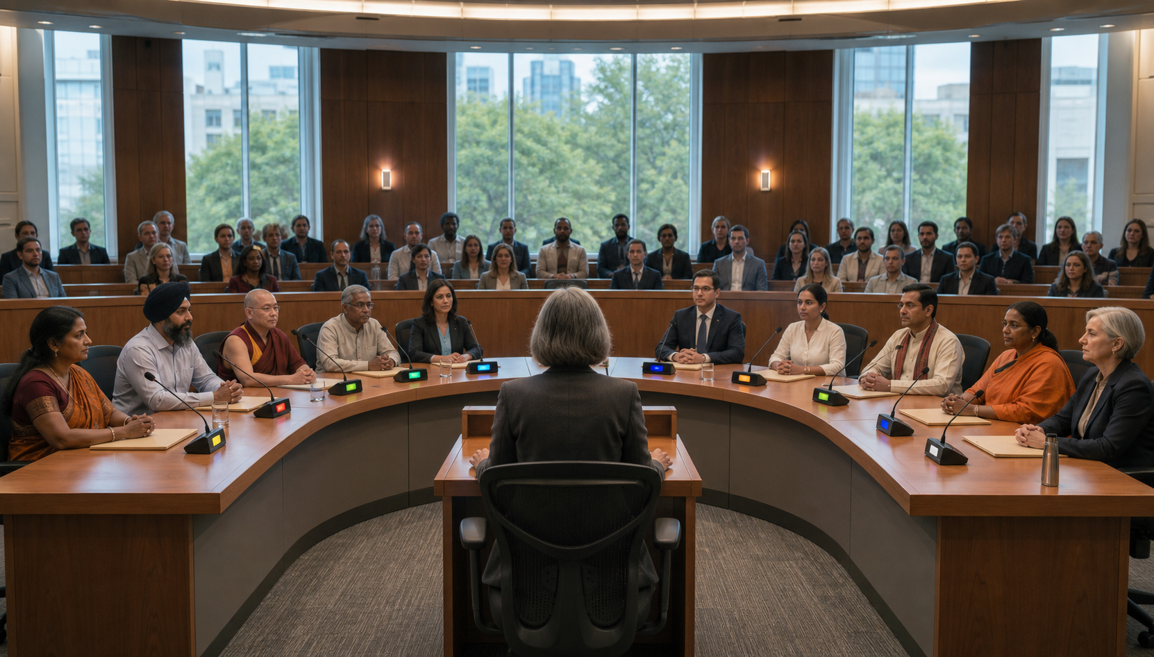 Dharmic representatives, residents, and officials participate in a structured public hearing with equal microphones and shared procedural tools.