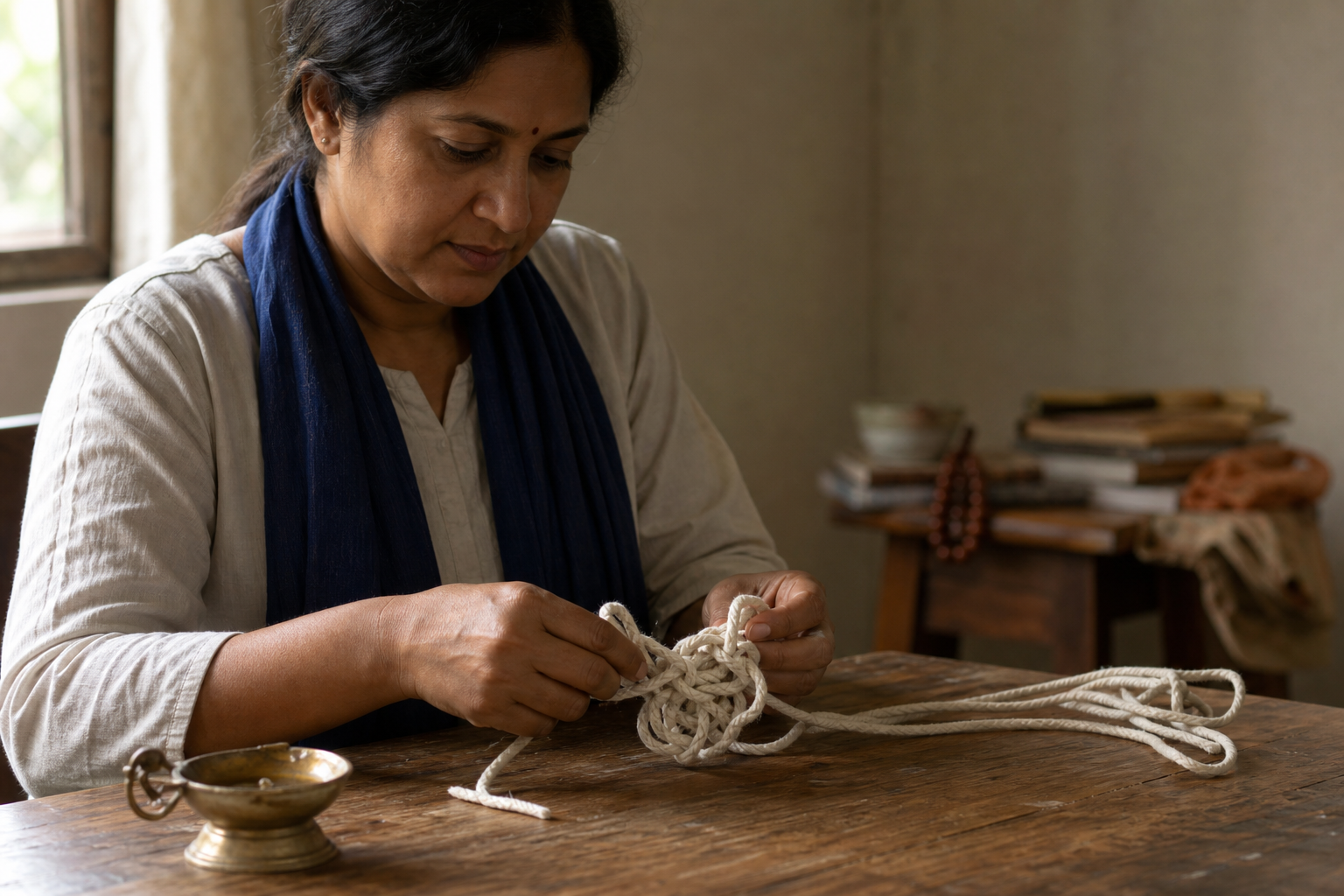 A seated person carefully loosens a knot in a cotton cord beside an unlit oil lamp on a wooden table.