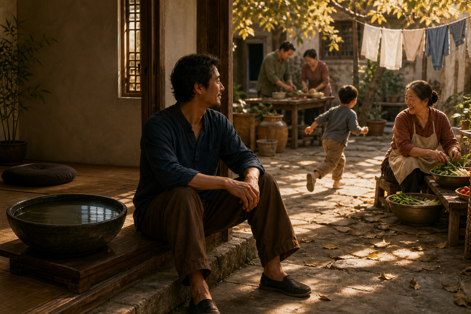 A person sits at the threshold of a quiet meditation room and a lively family courtyard, calmly turning toward the everyday activity outside.