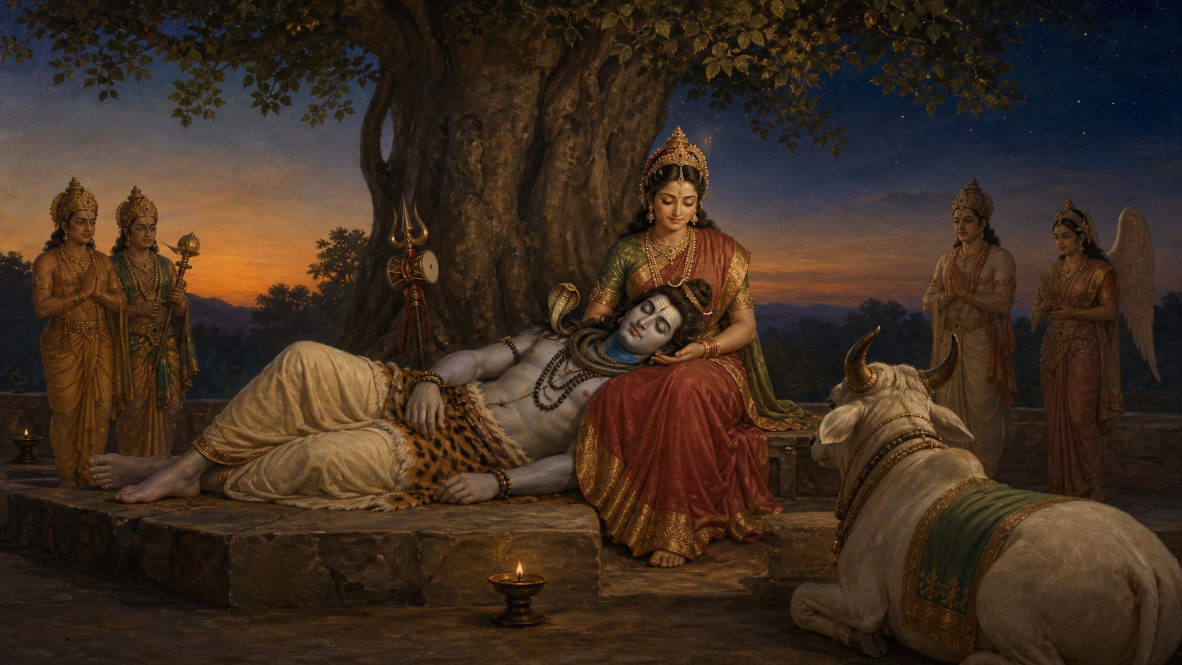 Shiva with a blue throat reclines with his head supported in Parvati's lap while Nandi and celestial witnesses keep watch at twilight.