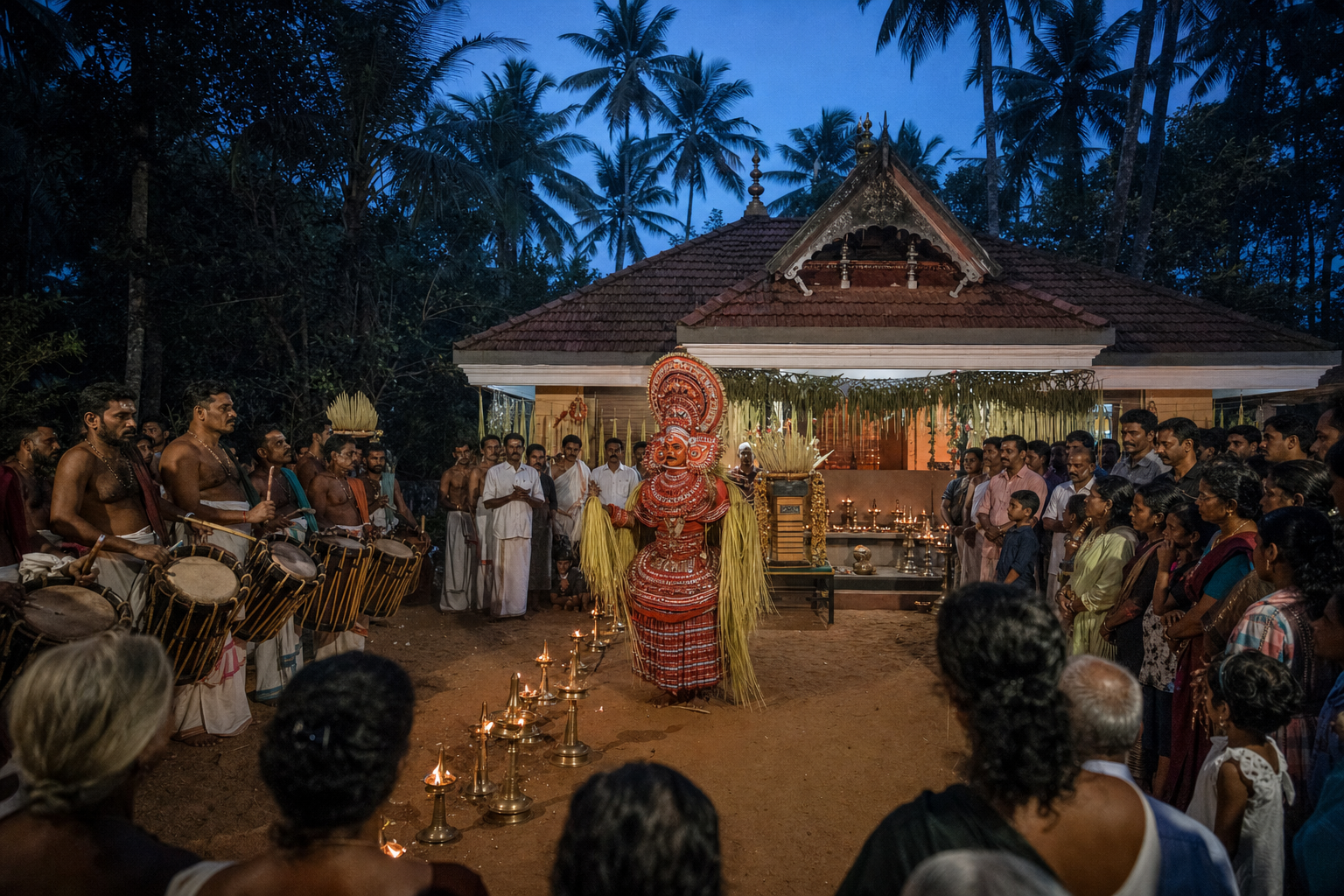 Devotees gather around a goddess-form Theyyam beside oil lamps and percussion musicians in a North Malabar shrine courtyard before dawn.