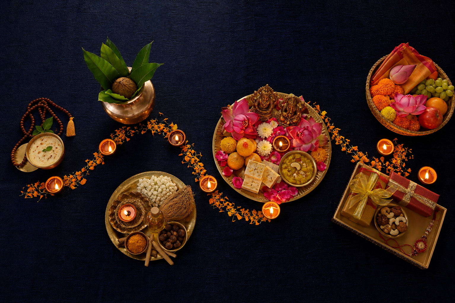 A curving trail of glowing diyas connects fasting items, brass vessels, flowers, sweets, gifts, and offering baskets on an indigo cloth.