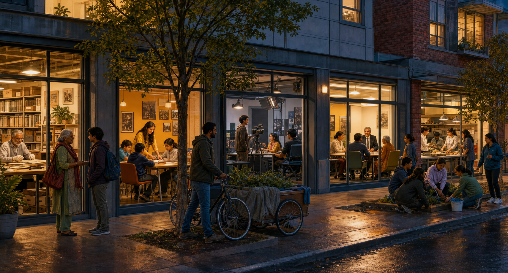 Dharmic community members and neighbors sustain an archive, youth program, local media room, civic meeting, and service project across connected public spaces.
