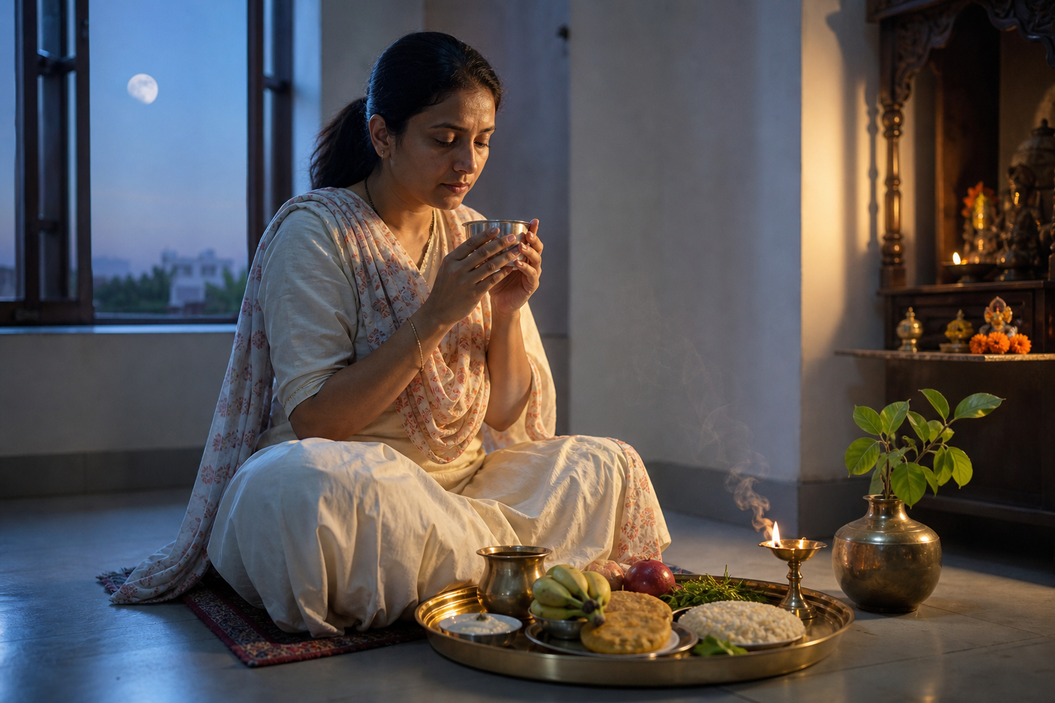 A devotee at dawn sits before a diya, water, fruit, tulsi leaves, and a simple meal while the fading moon remains visible outside.
