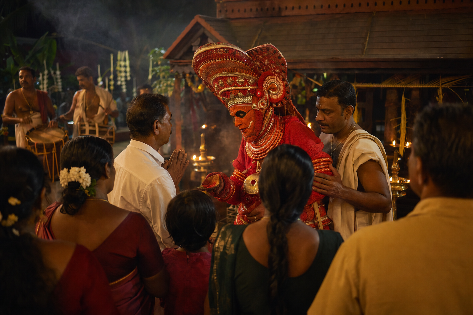 A devotee with joined hands approaches an embodied goddess during a Theyyam ritual as an attendant and other worshippers stand nearby.