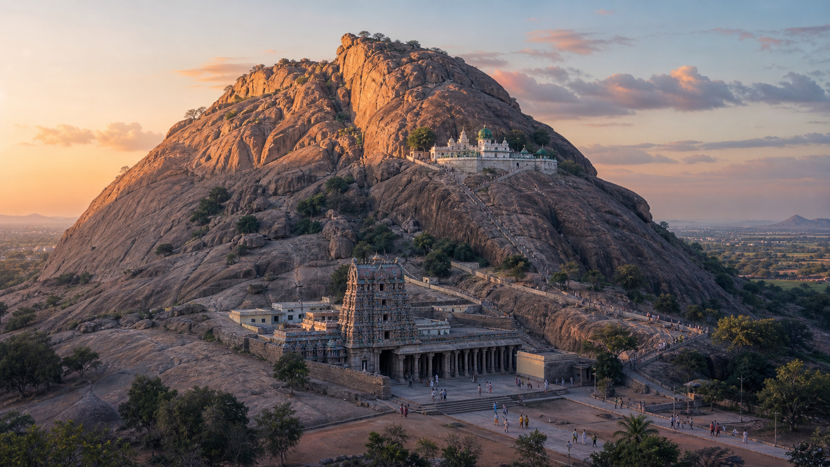 Granite hill at Thiruparankundram with a temple complex near its base, a small dargah compound on the rocky terrain, and visitors using defined paths at sunrise.