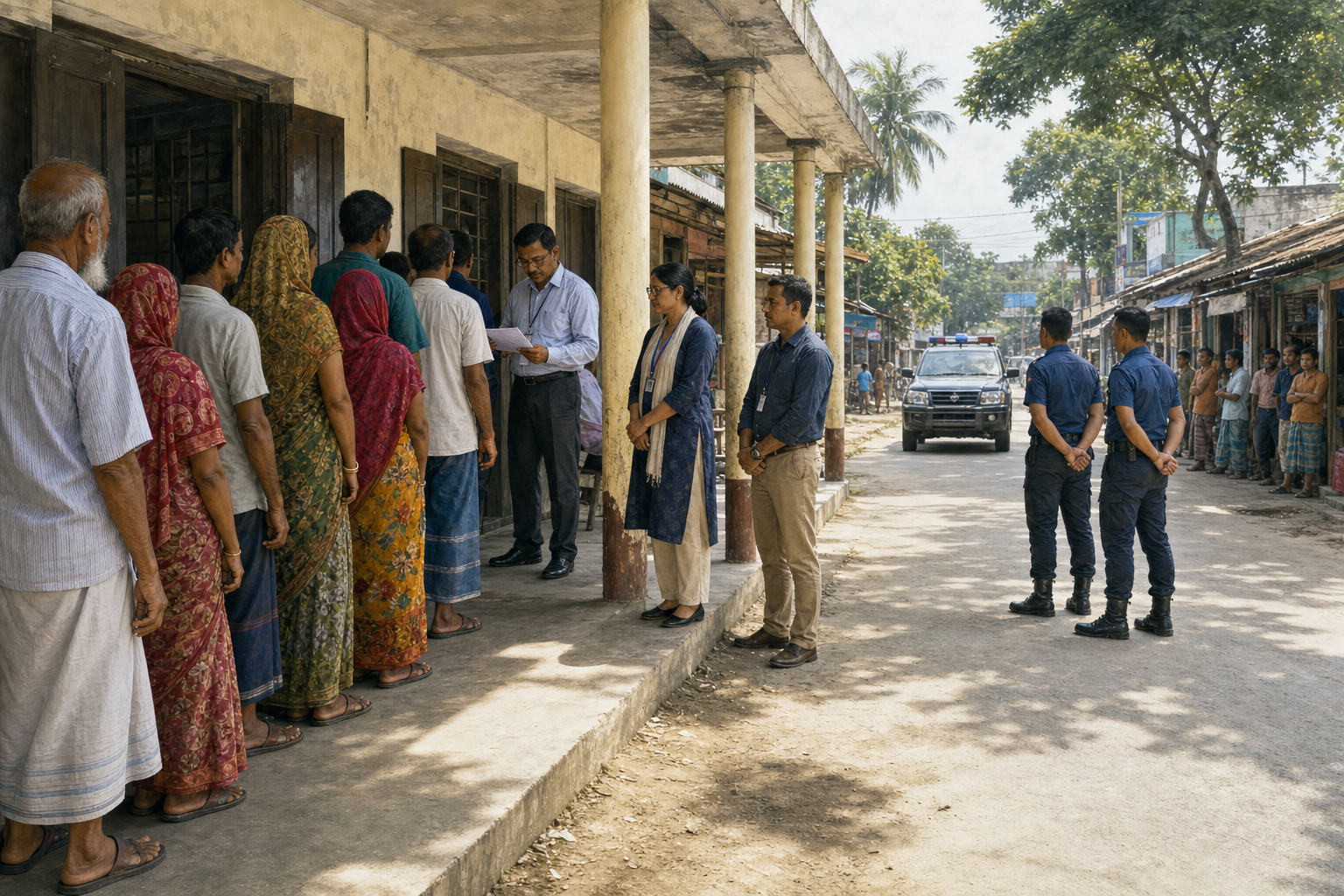 Police officers and community representatives speak with Hindu residents and patrol a mixed neighborhood near a small temple in Bangladesh.