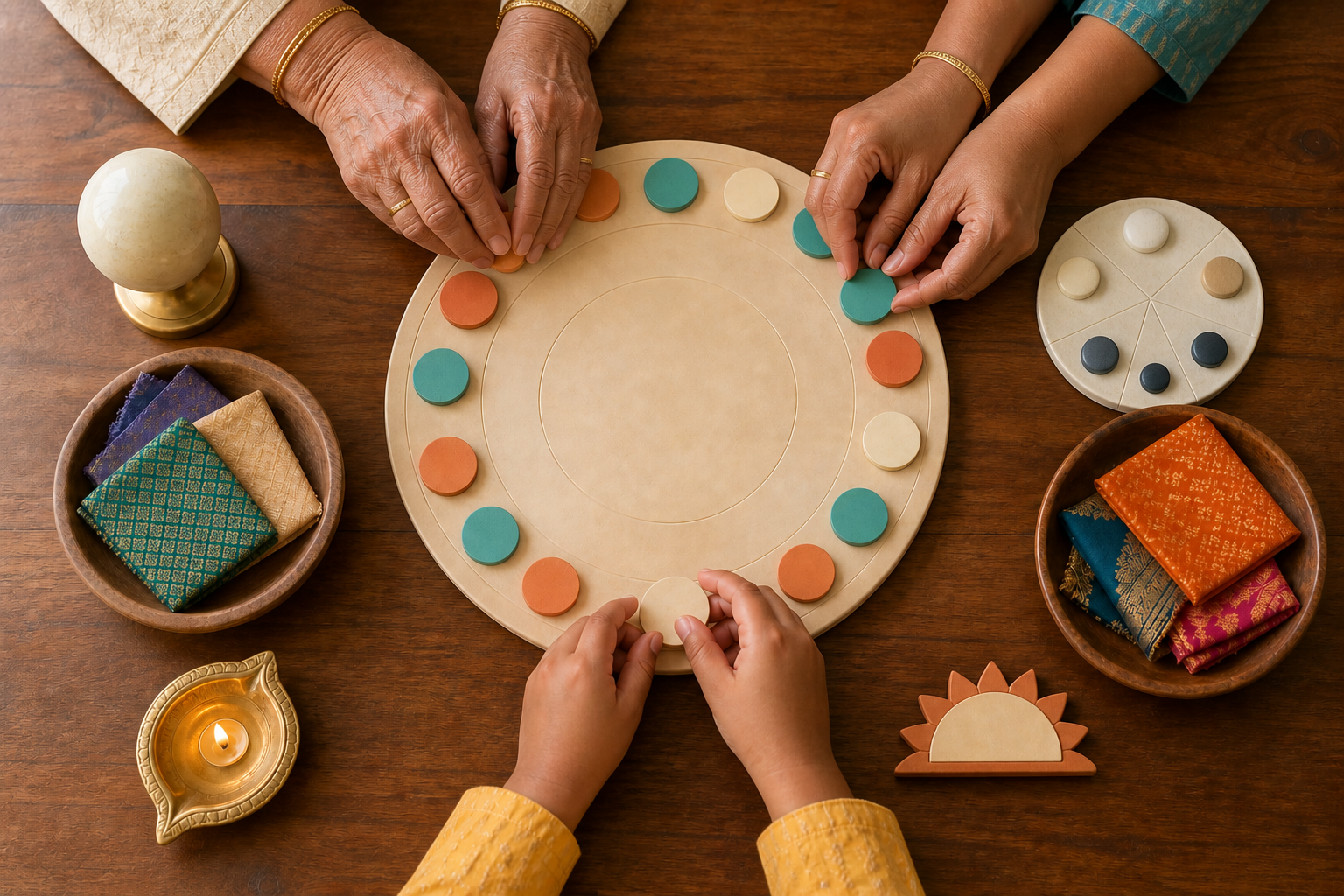 Several family members place colored tokens on a blank planning board beside a location marker, moon-phase wheel, diya, and textile swatches.