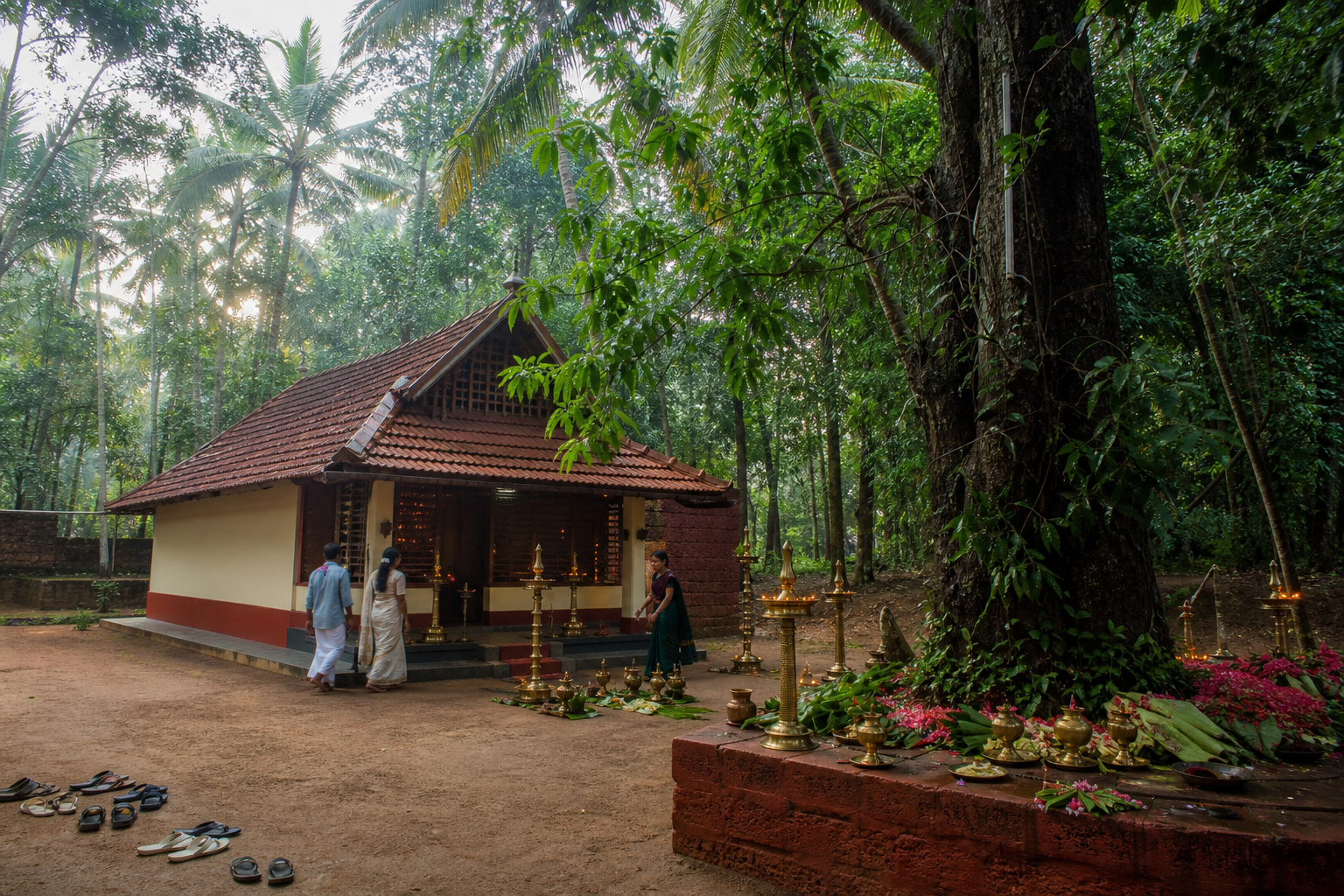 A small North Malabar shrine beside a sacred grove has oil lamps and fresh offerings prepared in its packed-earth courtyard.