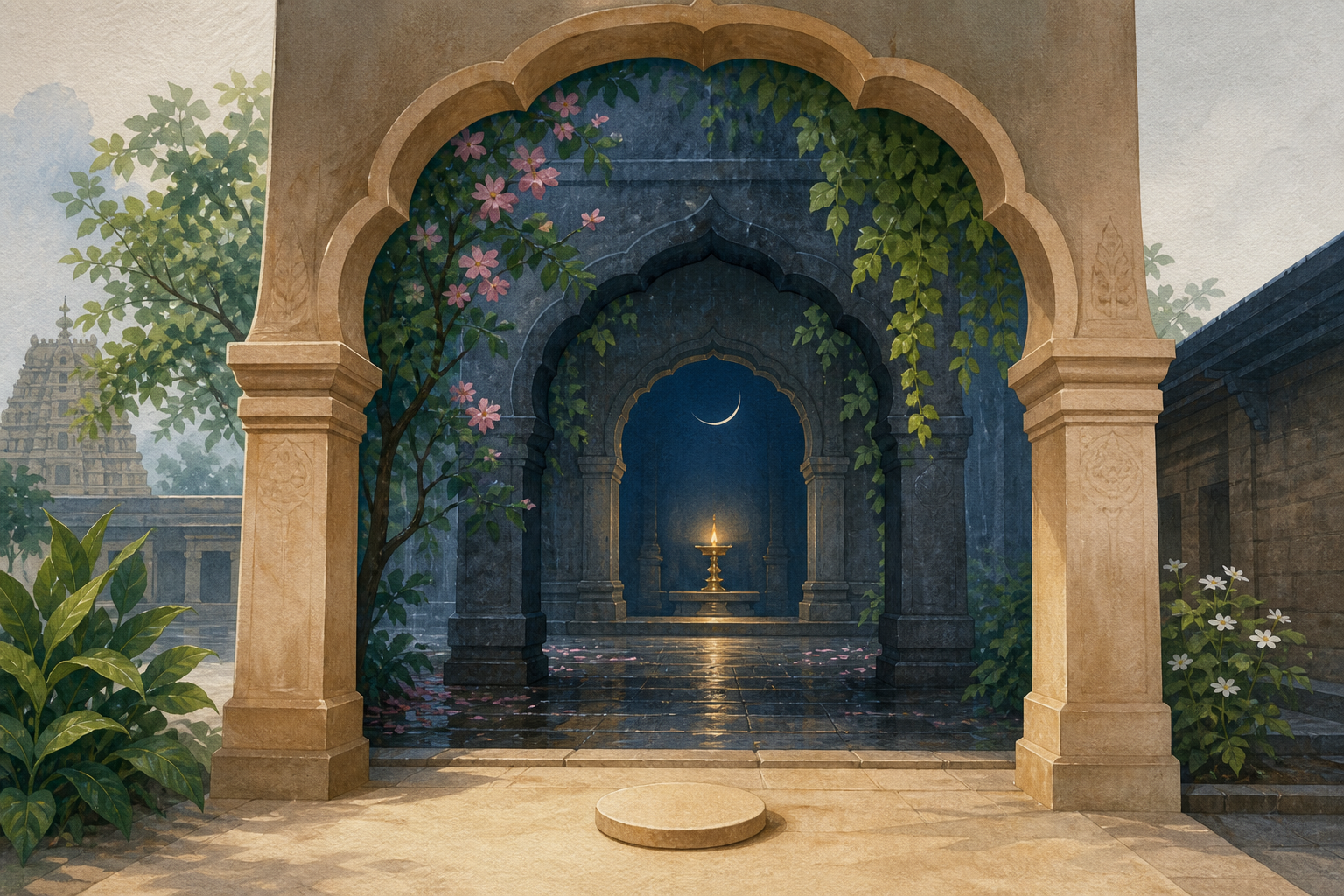 Three nested stone arches frame daylight, rain-fresh foliage, and a thin waning crescent above a temple lamp.