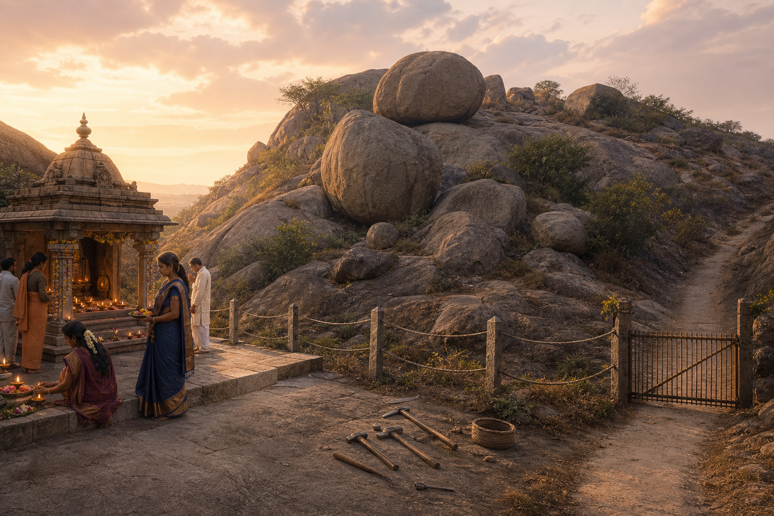 Illustrated hillside scene showing worship in an established precinct, protected rock kept free from alteration, and a closed branch beyond an existing path.