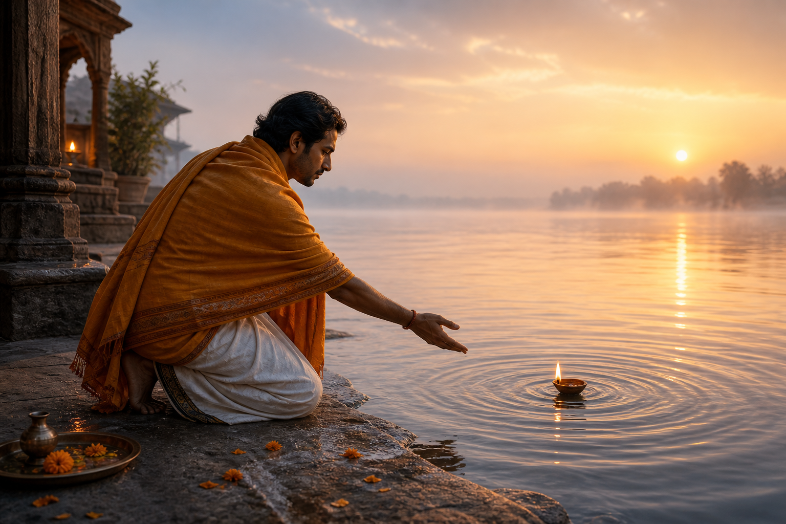 A person releases a glowing clay lamp onto a river at dawn and watches it drift toward the misty horizon.