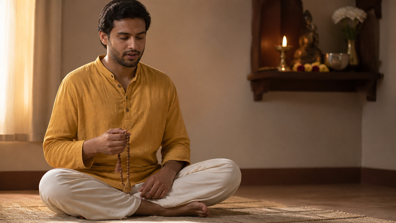 A seated practitioner chants at dawn while holding prayer beads beside a small lamp and fresh flowers.