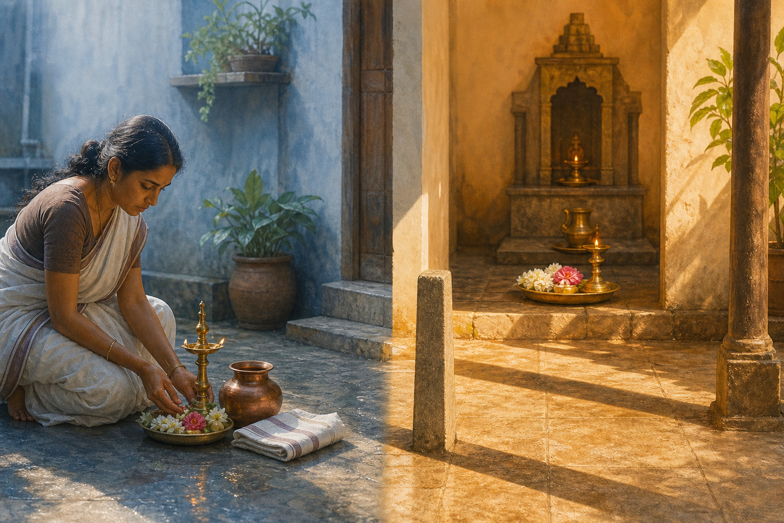 A devotee prepares a brass lamp and flowers in morning light while an afternoon shadow crosses the courtyard threshold.