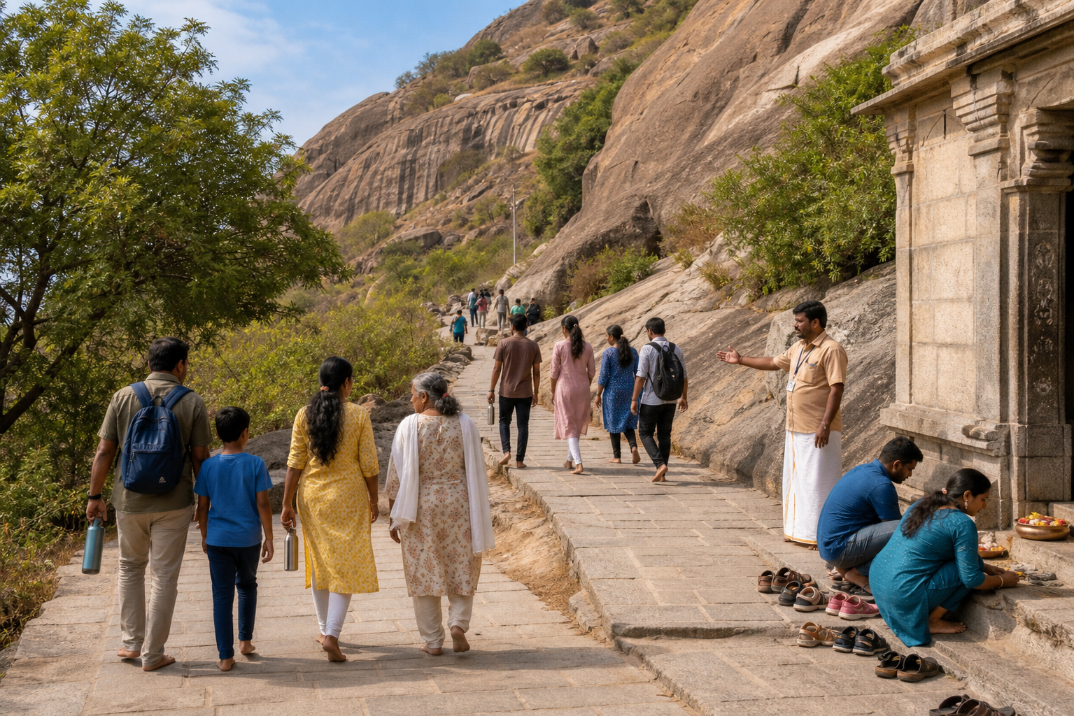 Visitors of different ages walking calmly on a maintained stone path across the granite hill while a heritage steward indicates the route.