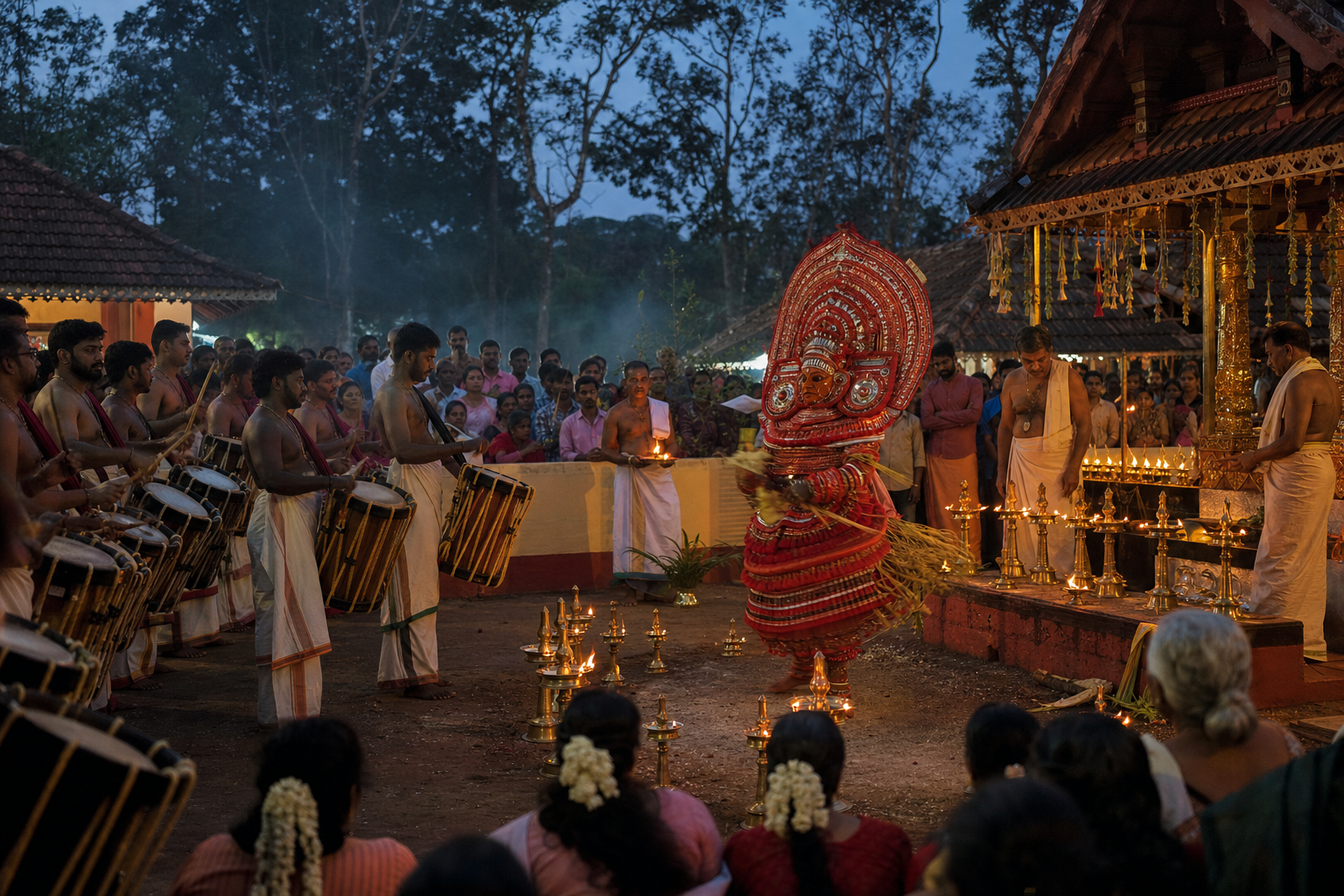 A goddess-form Theyyam moves beside oil lamps at dawn while percussion musicians, attendants, and devotees share the shrine courtyard.