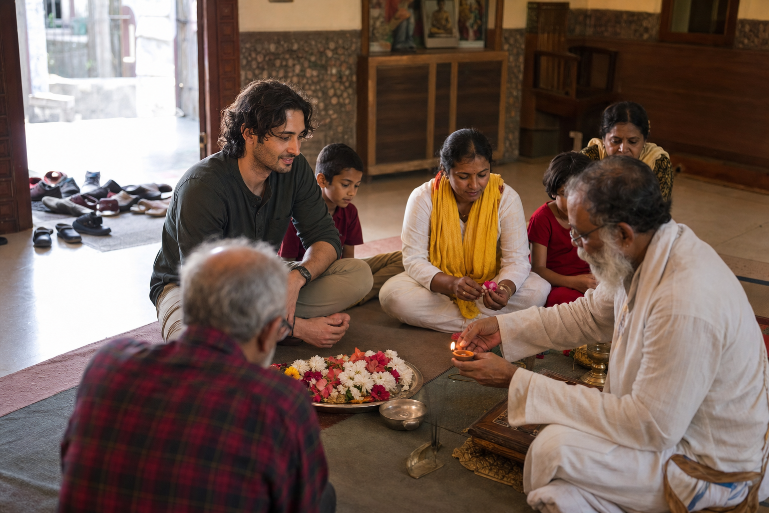 A visitor observes a small mixed-age community gathering as an elder lights a clay lamp in a modest prayer hall.
