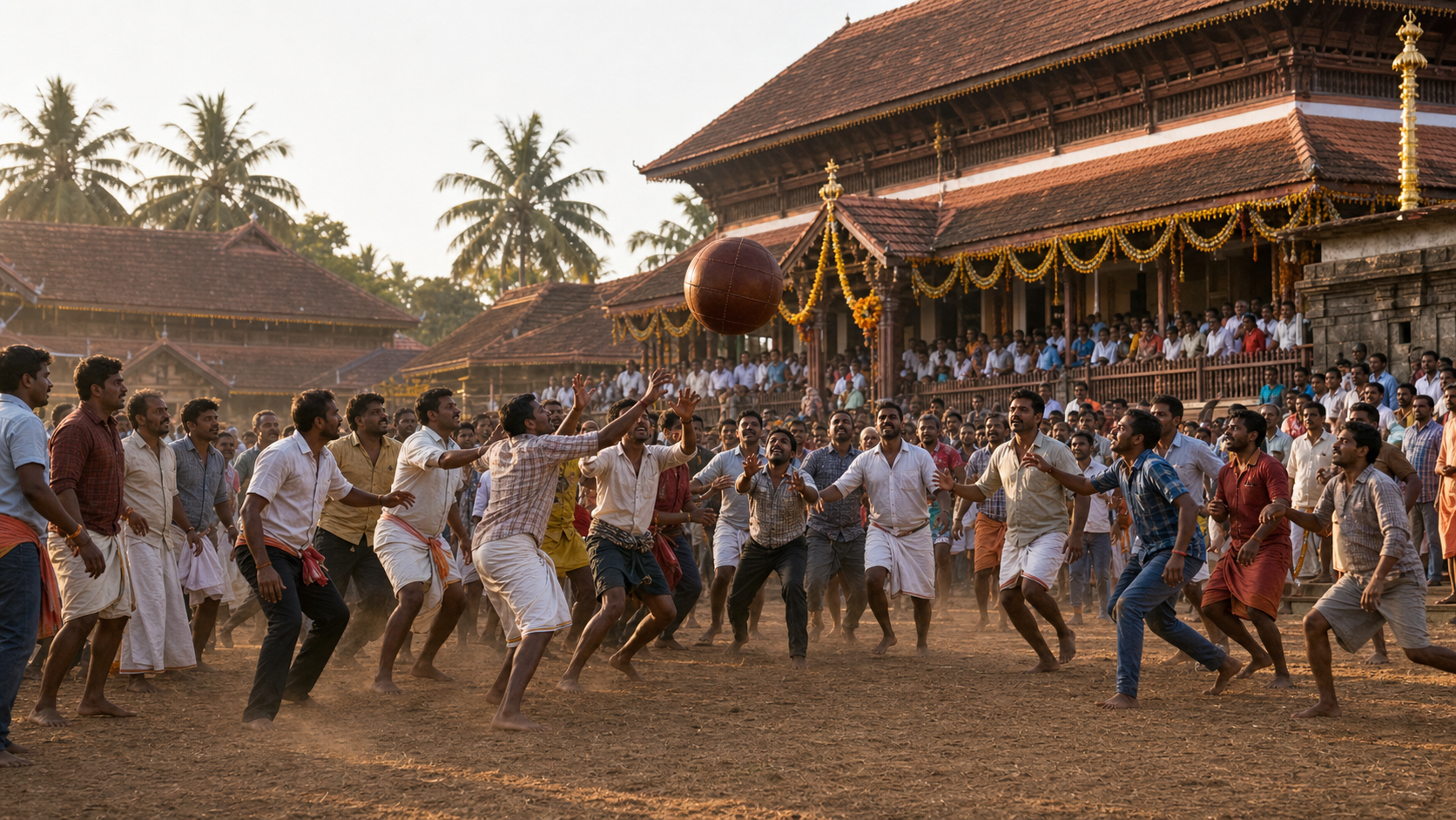Barefoot devotees converge on a leather ball during Polali Chendu on a dusty field beside a red-roofed Karnataka temple.