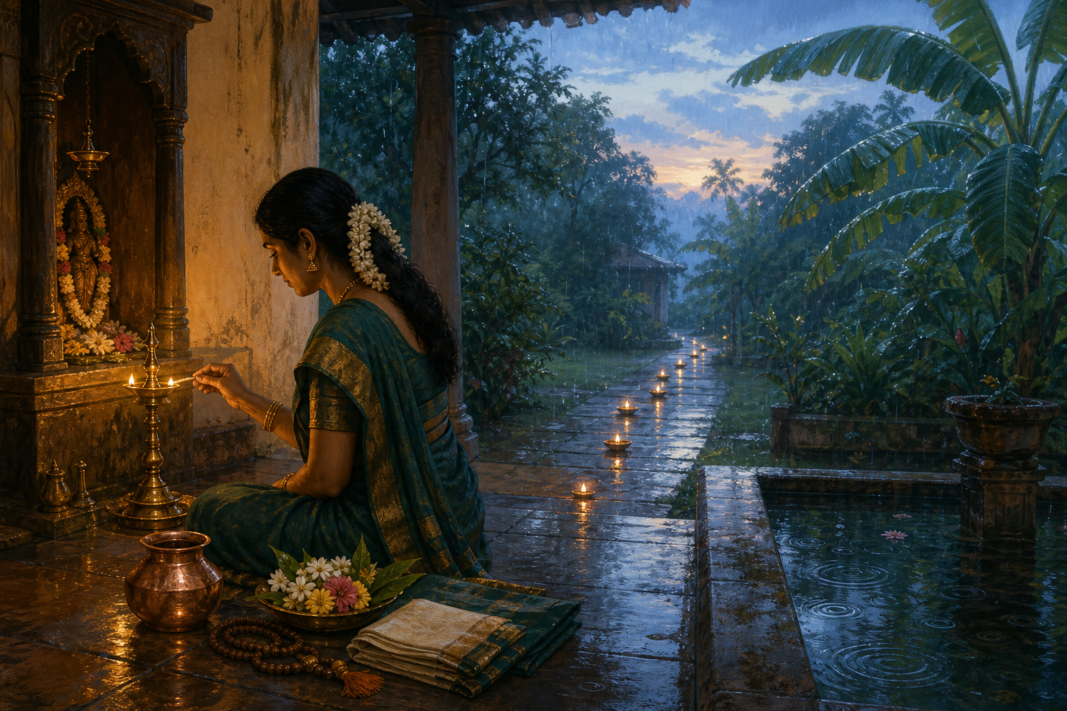 A devotee lights a brass lamp on a covered veranda as rain falls over a green courtyard and a lamp-lined stone path.