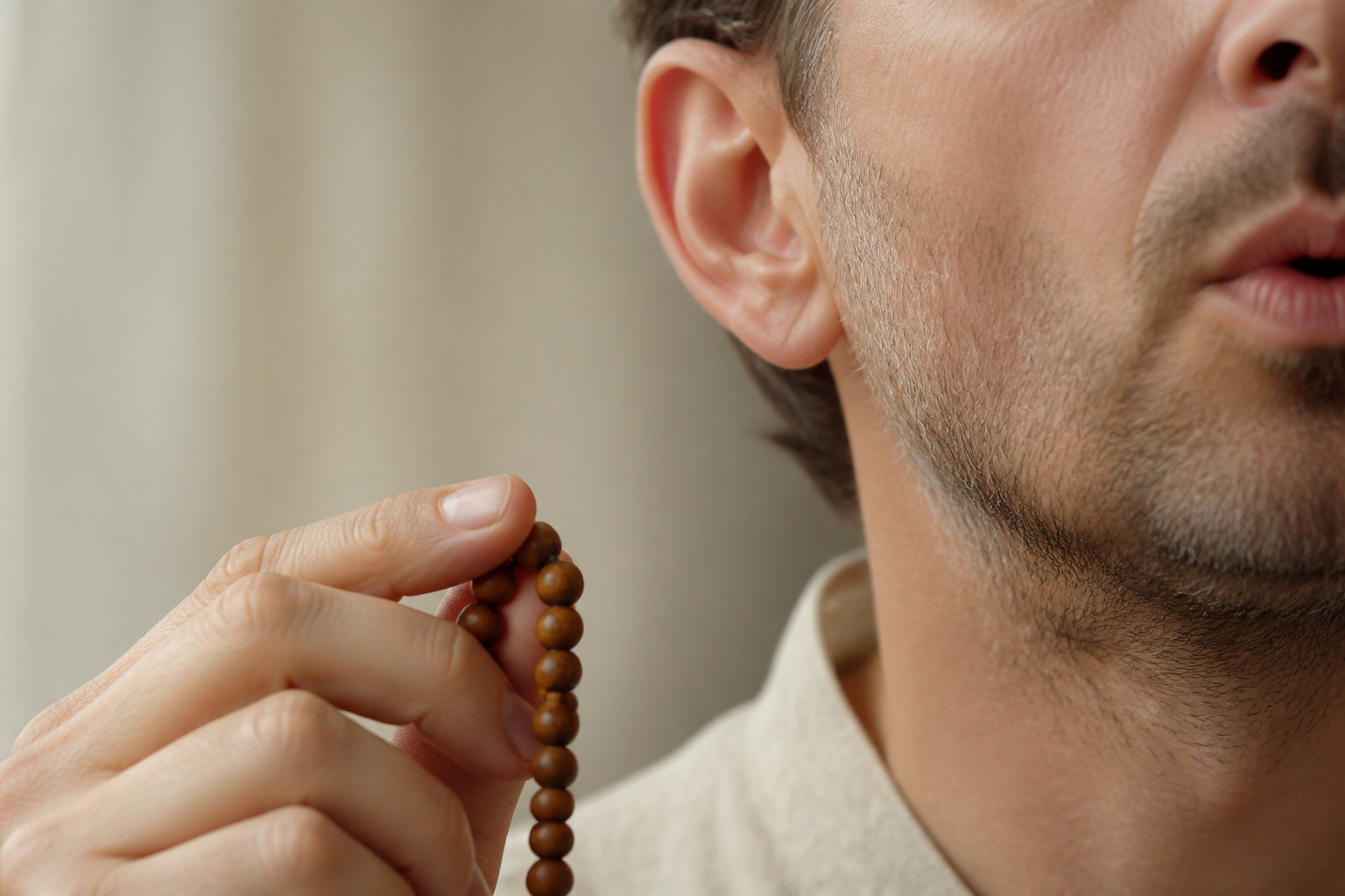 Close-up of a practitioner chanting softly while holding one wooden prayer bead, with the ear in focus.