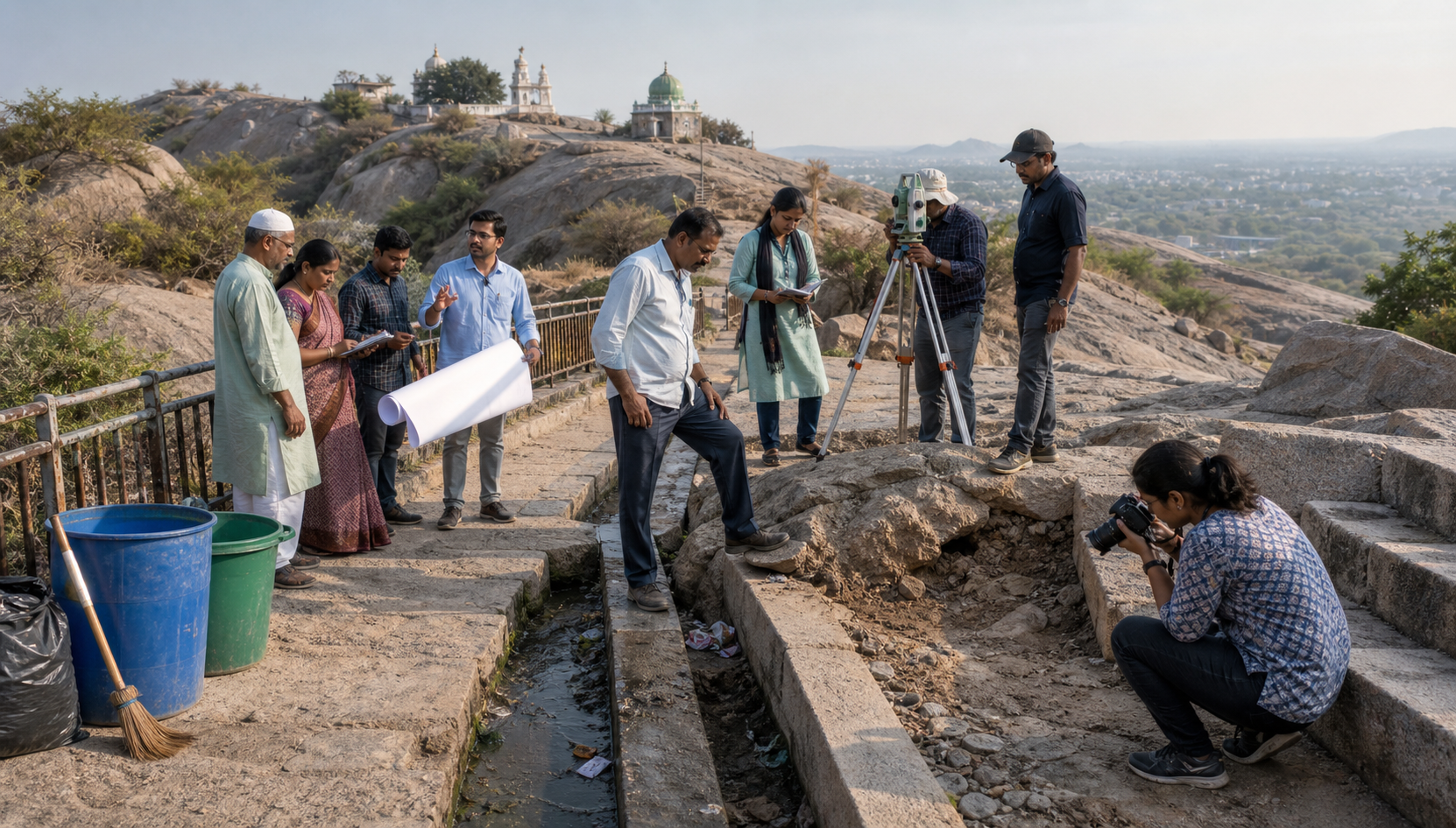 Conservators, religious-site caretakers, engineers, and community representatives inspecting stone steps, drainage, railings, and erosion on a granite hill.
