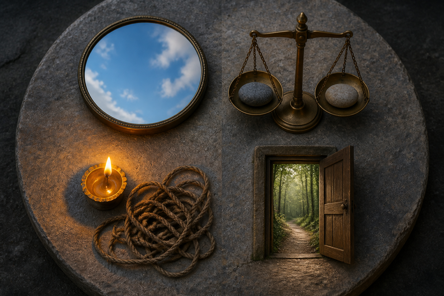 A mirror, balanced scale, glowing lamp, and open doorway are arranged in four parts on a round stone surface.