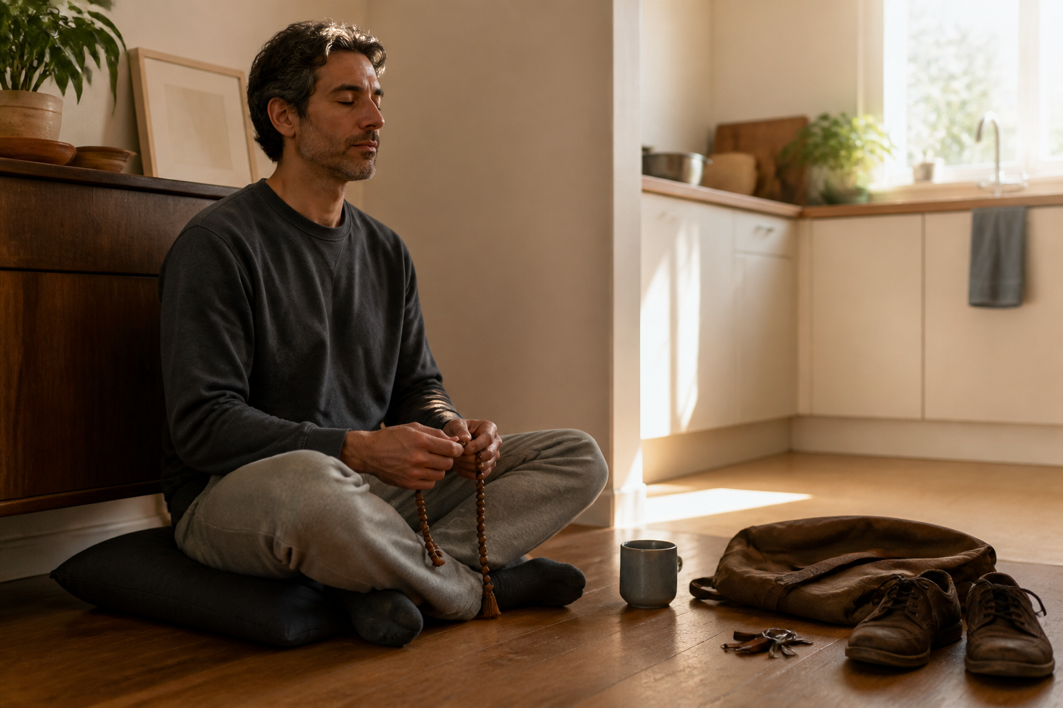 A person chants with prayer beads in a modest home corner while a mug, work bag, keys, and shoes sit nearby.